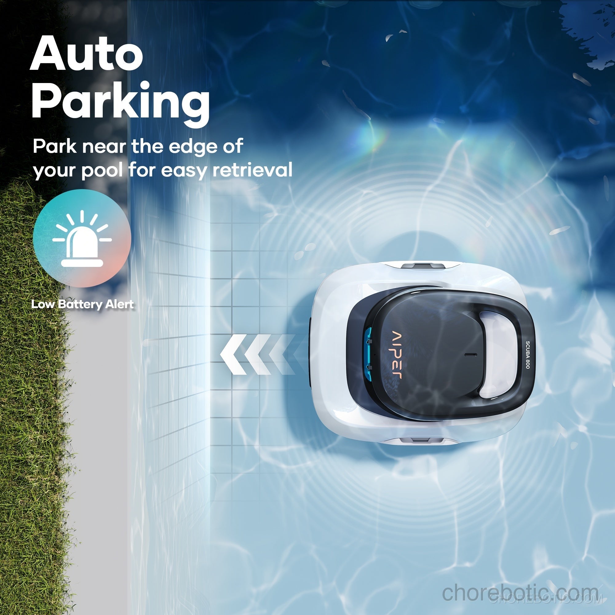 Aiper Scuba 800 wireless pool cleaner navigating a clean swimming pool, showcasing its compact design and efficient cleaning capabilities.