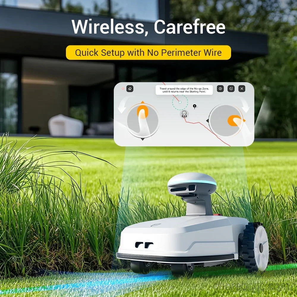 FJD FR4000 robotic lawn mower by FJDynamics cutting grass in a lush green yard with its sleek design and grass collection area.