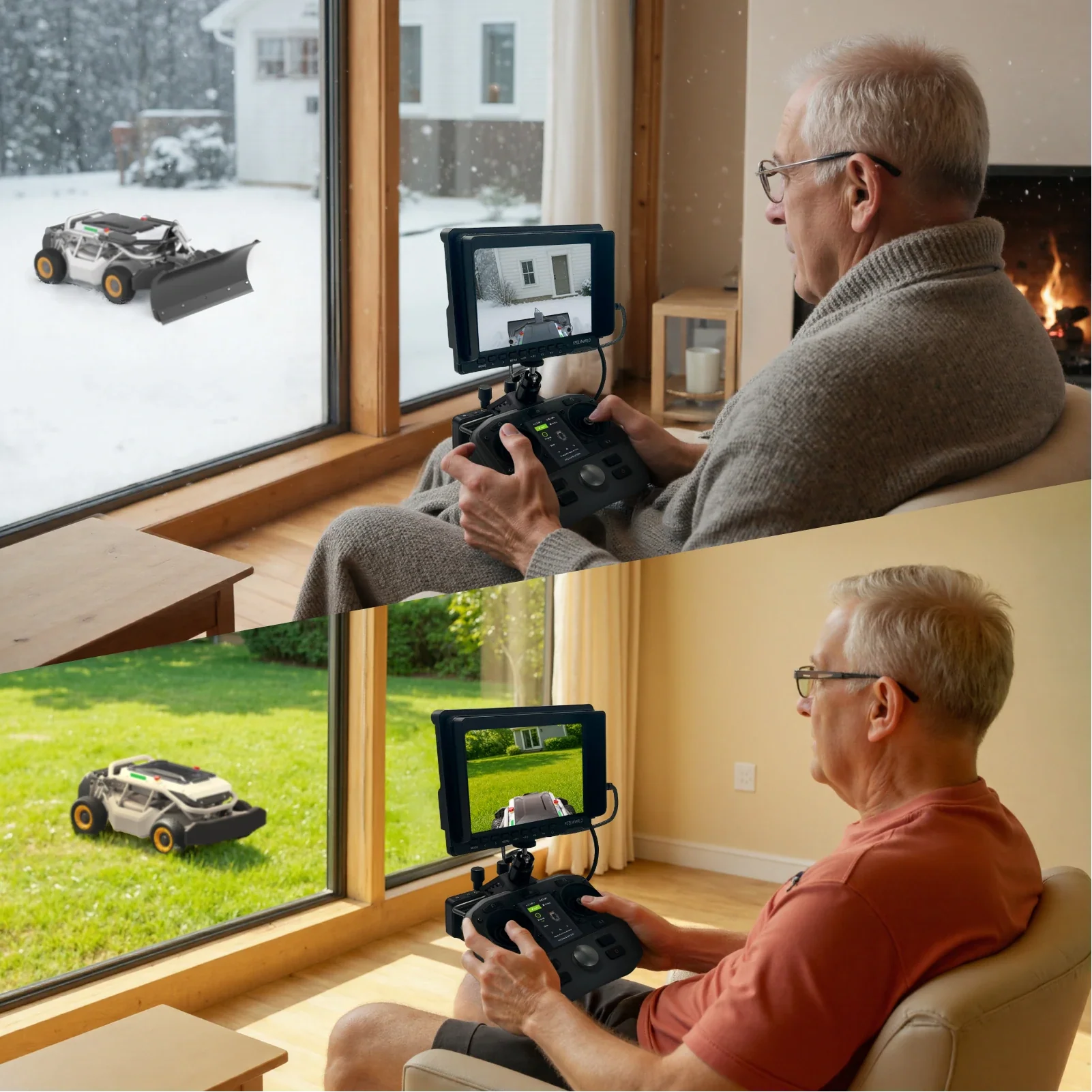 MOWRATOR Indoor Mow-Plow Bundle with S1 4WD lawn mower, snow plow kit, and MOWFUN FPV camera system on a white background.