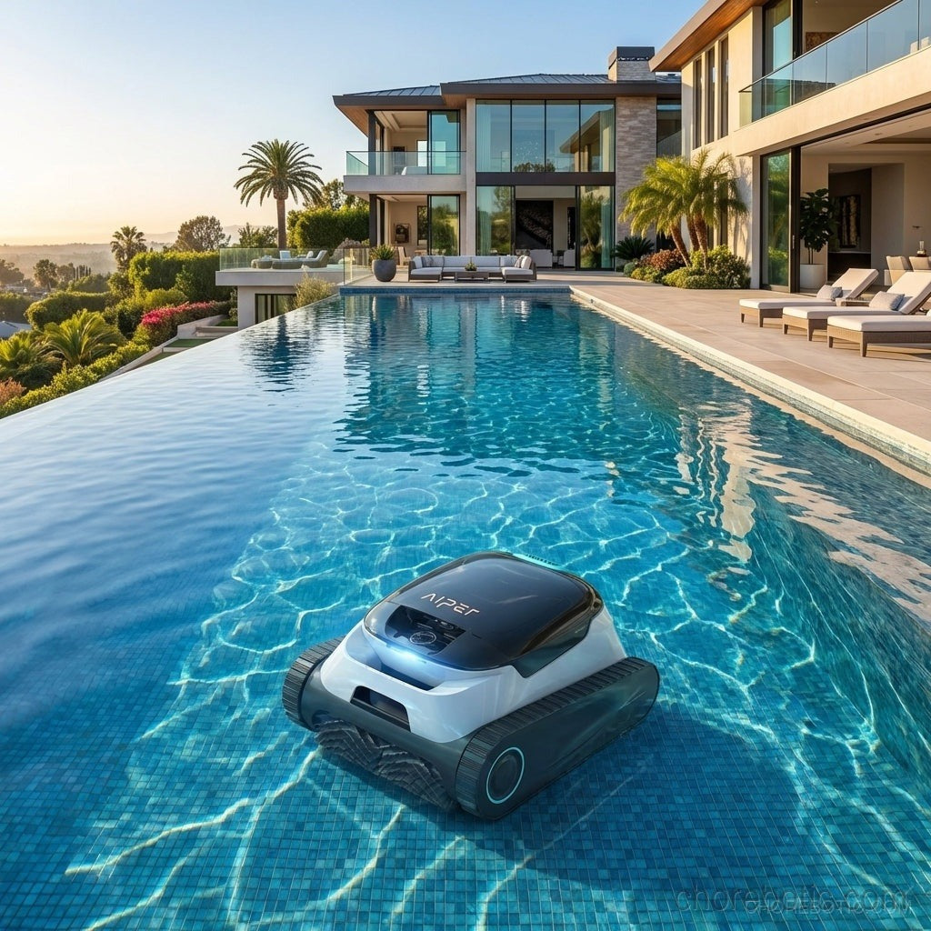 Aiper Scuba N1 Plus cordless robotic pool cleaner removing debris from swimming pool floor and walls.