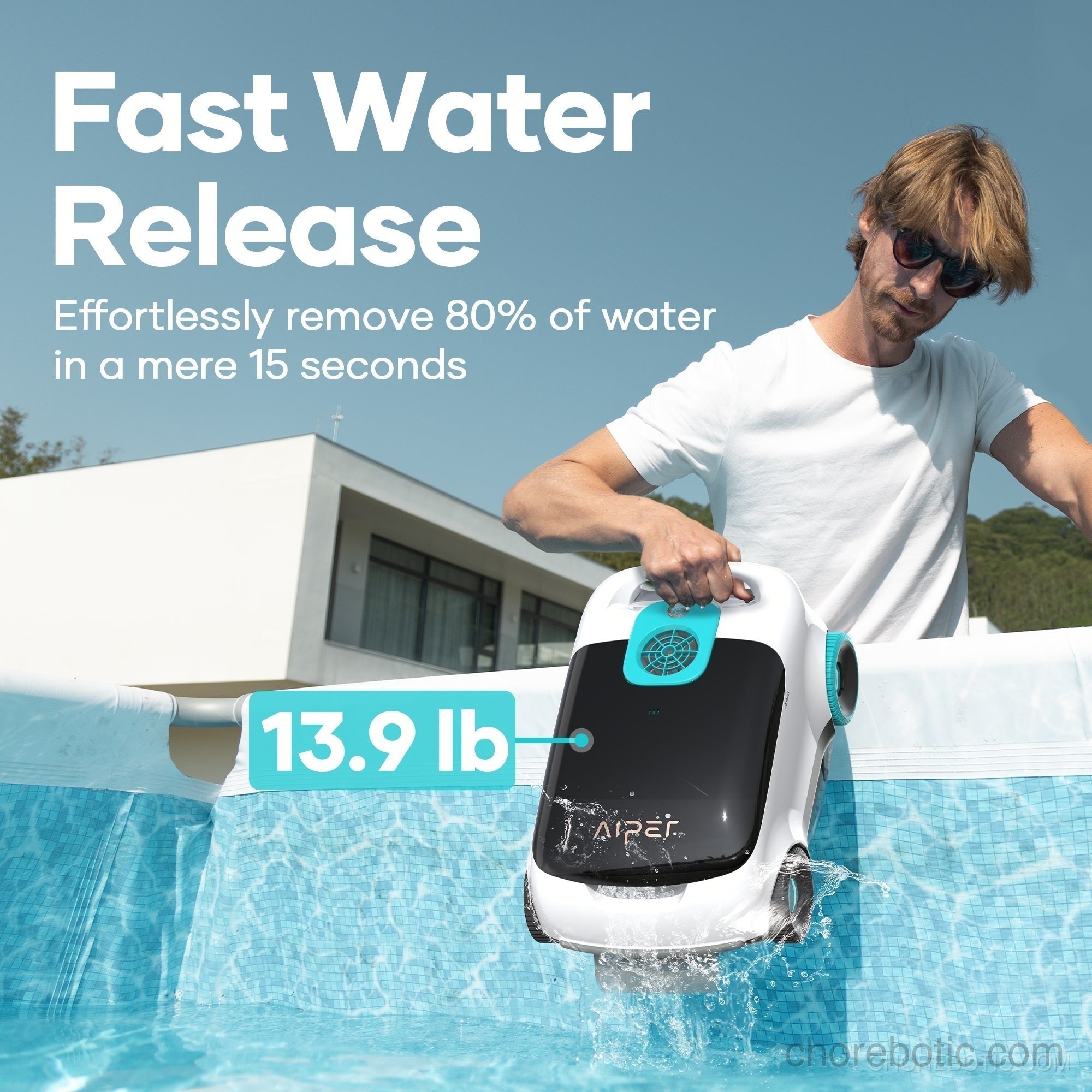 Aiper Scuba L1 cordless robotic pool cleaner in action, cleaning the bottom of a swimming pool with its compact design and brushes.