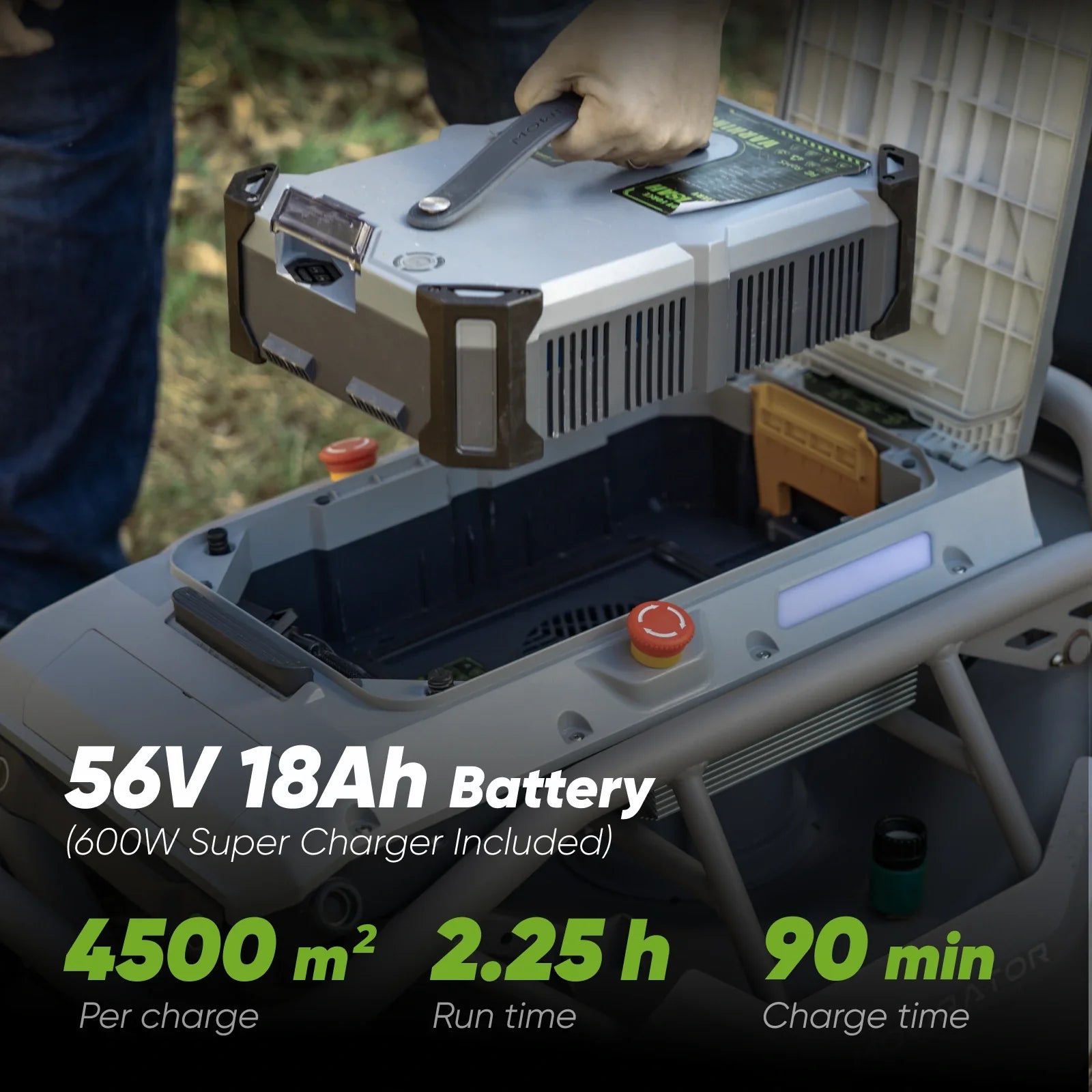 MOWRATOR Indoor Mow-Plow Bundle with 18Ah battery, 4WD lawn mower, snow plow kit, and MOWFUN FPV drone on a white background