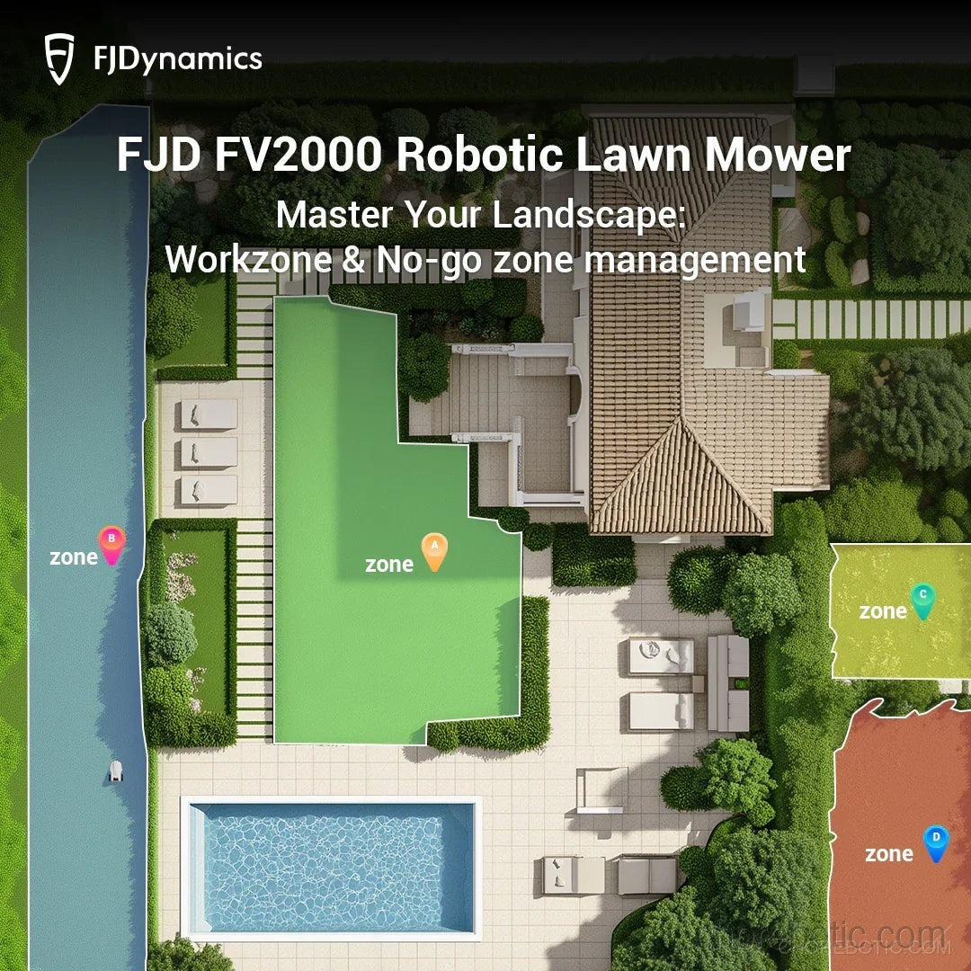 FJD FV2000 robotic lawn mower from FJDynamics cutting grass in a lush backyard.