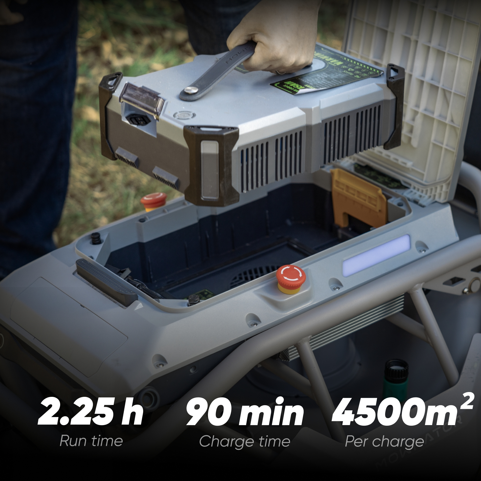 MOWRATOR auto-dumping lawn care bundle with S1 4WD 18Ah slope mower, showing the mower with its dumping mechanism in action