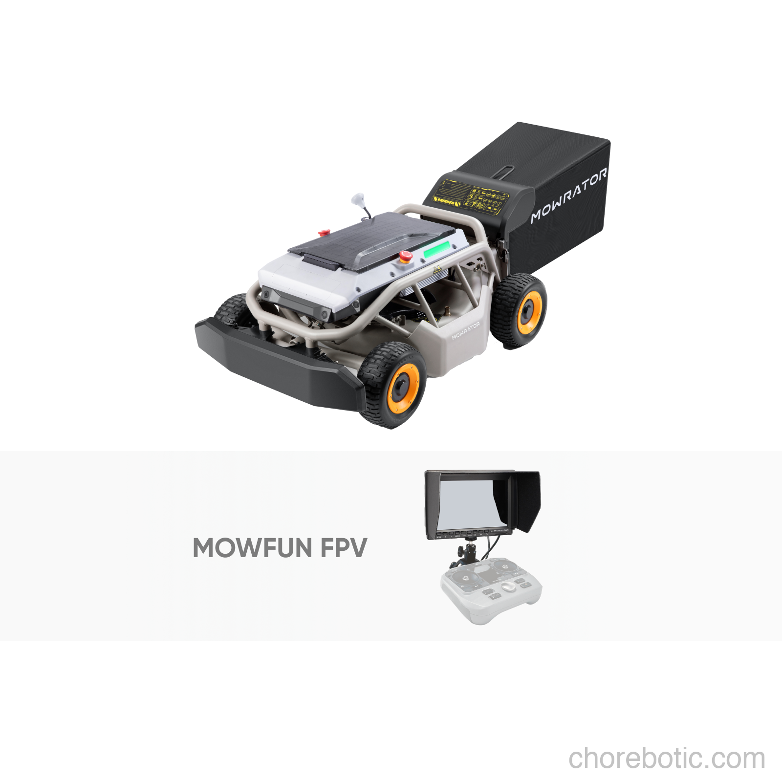 IndoorMow Bundle with Mowrator S1 4WD lawn mower and MOWFUN FPV drone, featuring sleek design and functional outdoor equipment.