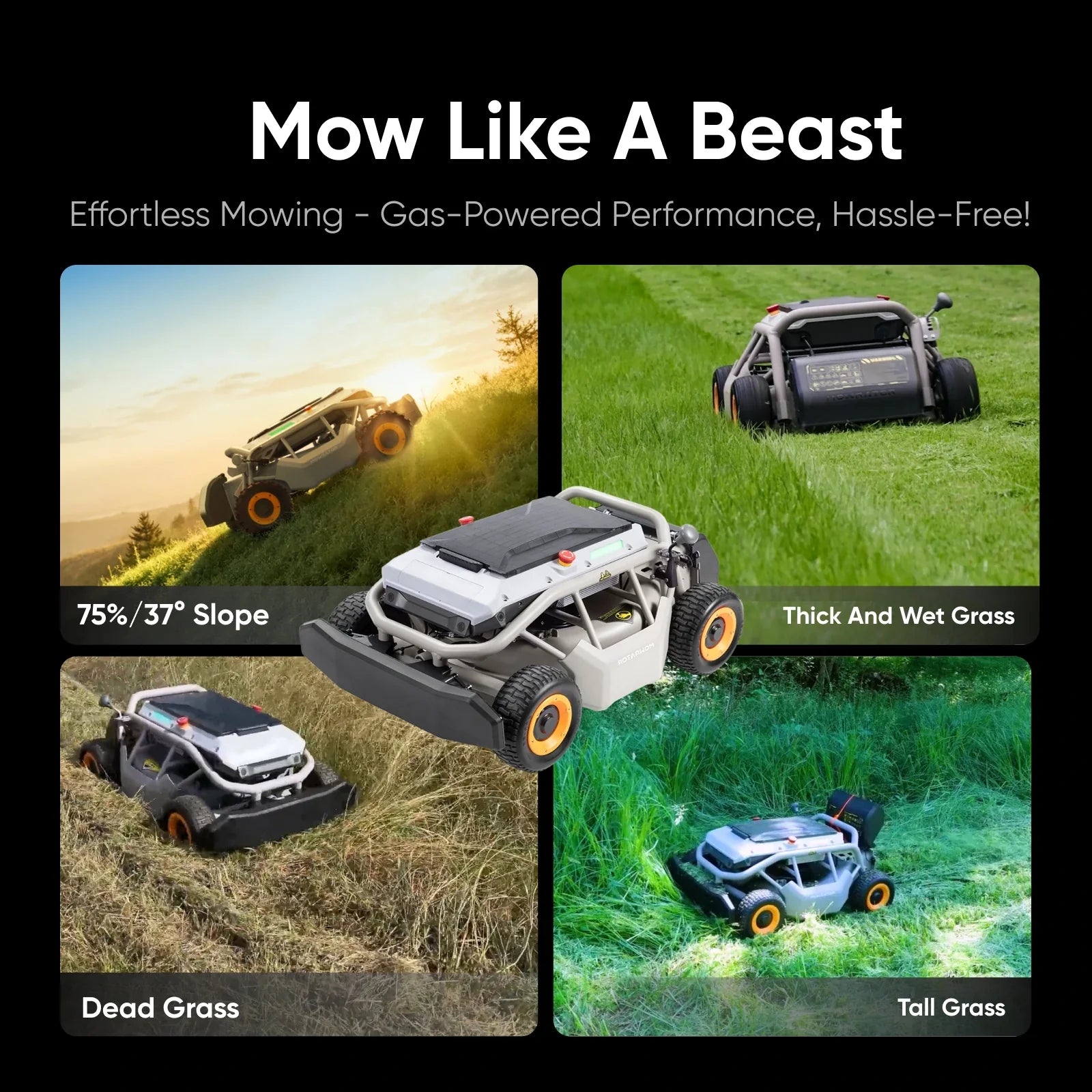 MOWRATOR S1 4WD remote control lawn mower on a grassy slope with leaf shredding vacuum attached, designed for uneven terrain.