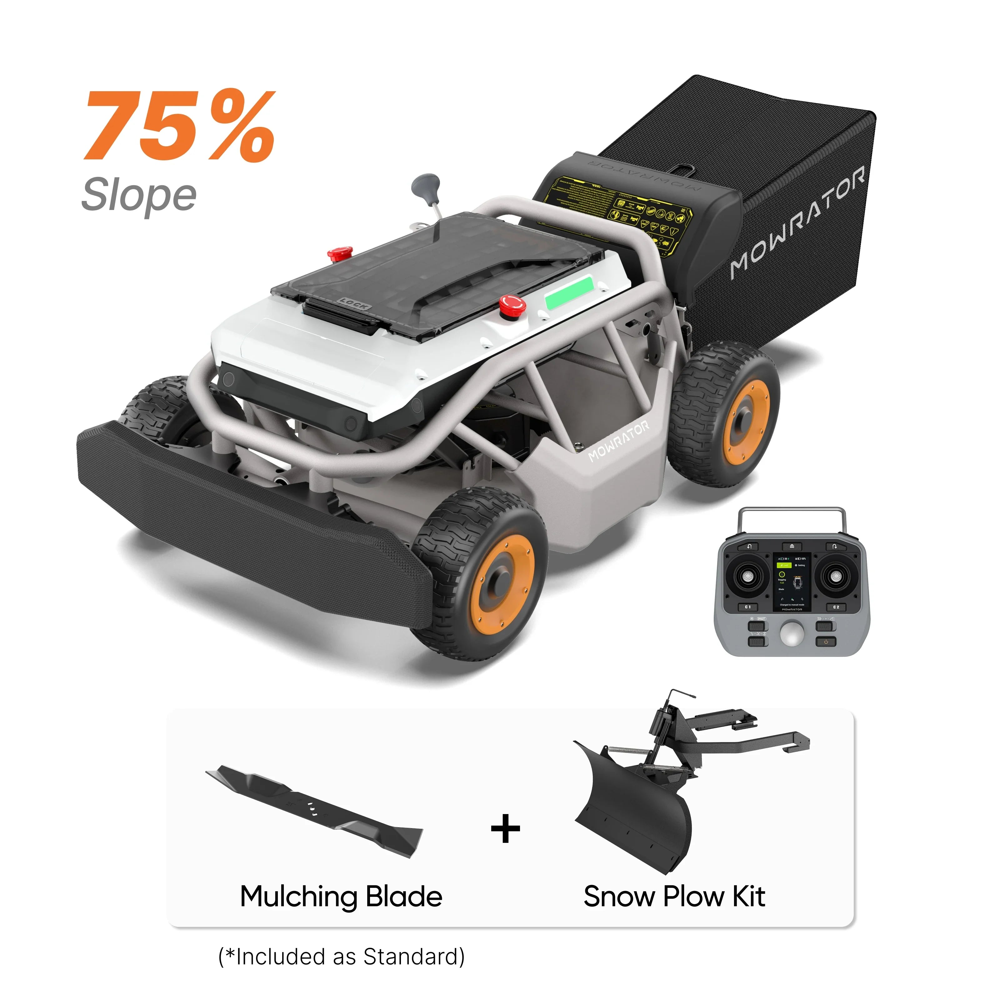 MOWRATOR Mow, Vac, and Plow Bundle with S1 4WD 18Ah battery on a slope mower for lawn care and snow removal.