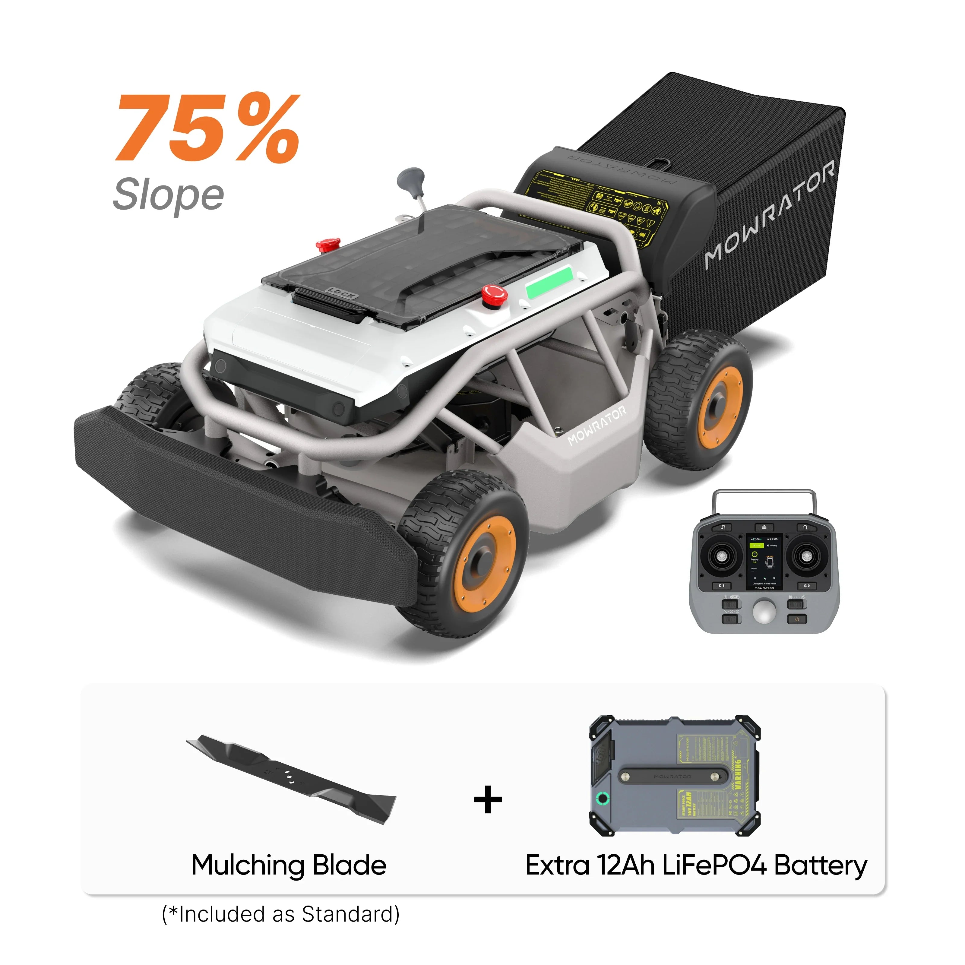 MOWRATOR Extended Power Bundle with S1 4WD 18Ah battery and 75% slope mower on a grassy field, showcasing durable outdoor equipment.