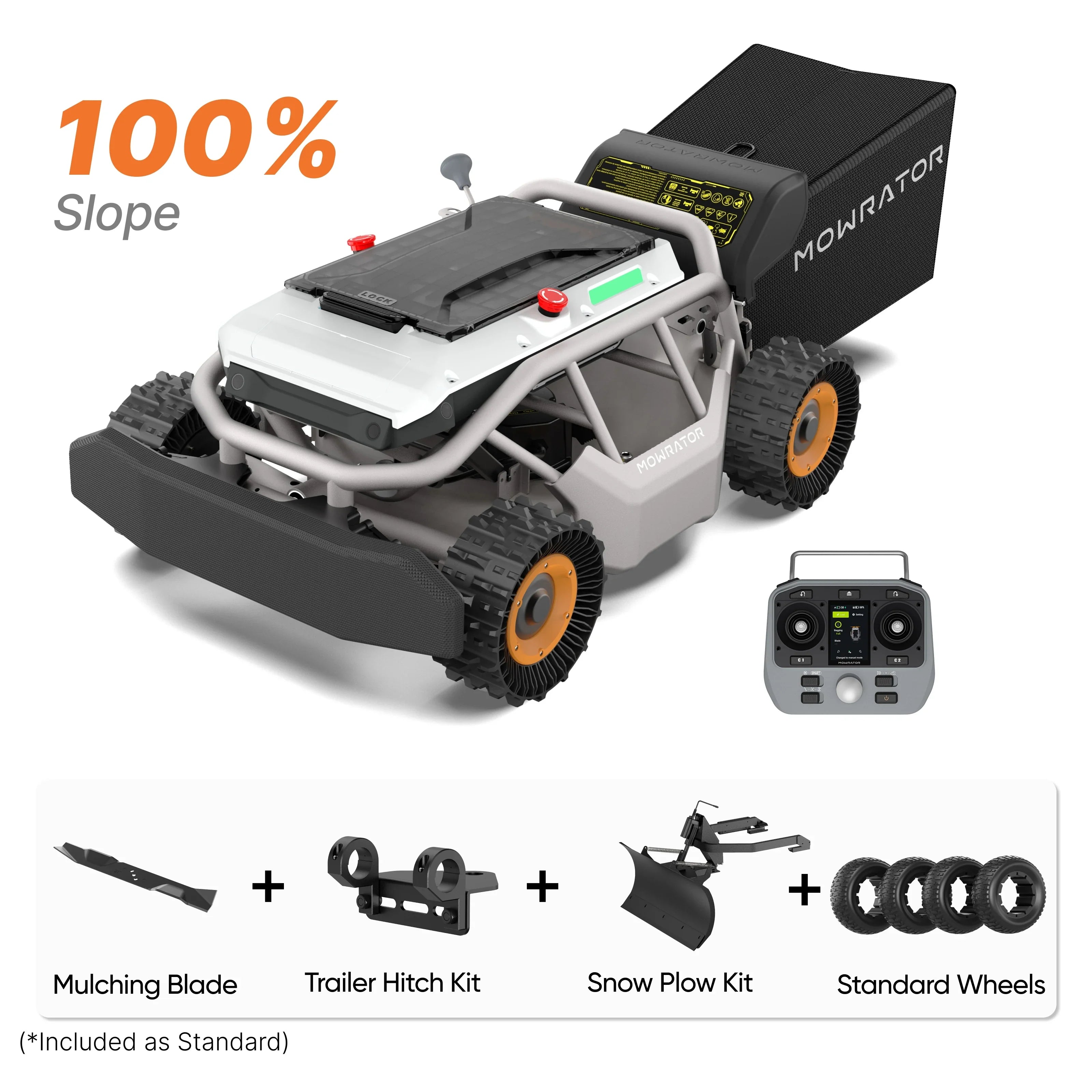 MOWRATOR All-Season 100% Slope Bundle with S1 4WD 18Ah, deformable tires, showcasing rugged off-road capabilities and versatile terrain handling.