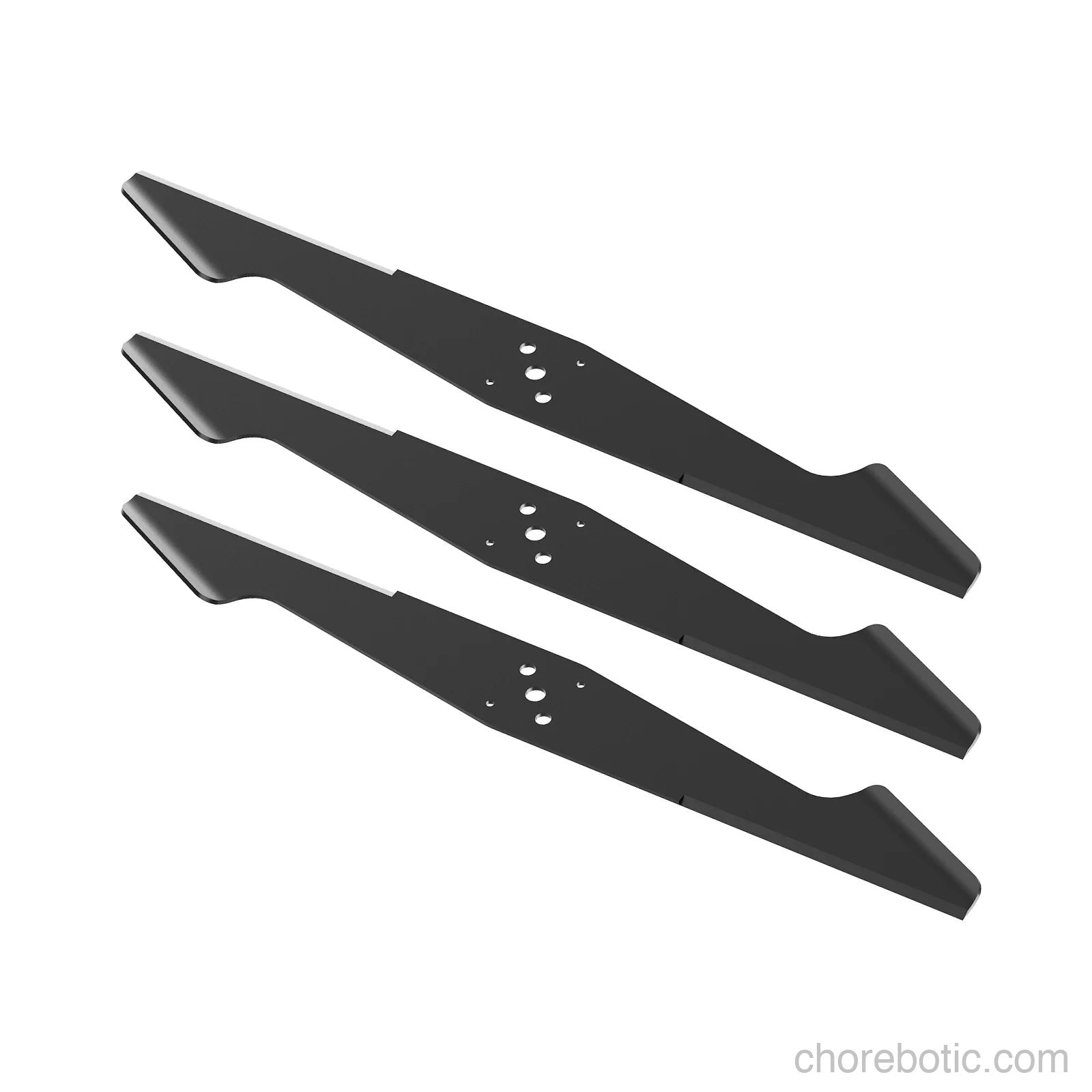 MOWRATOR self-sharpening mowing blades displayed with sharp cutting edges and durable metal construction.