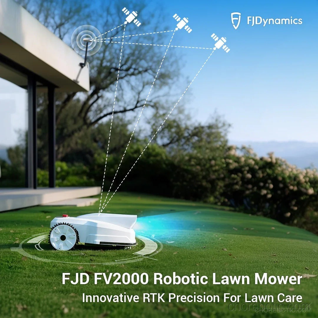FJD FV2000 robotic lawn mower by FJDynamics cutting grass in a backyard yard, compact robot lawn mower with safety sensors.