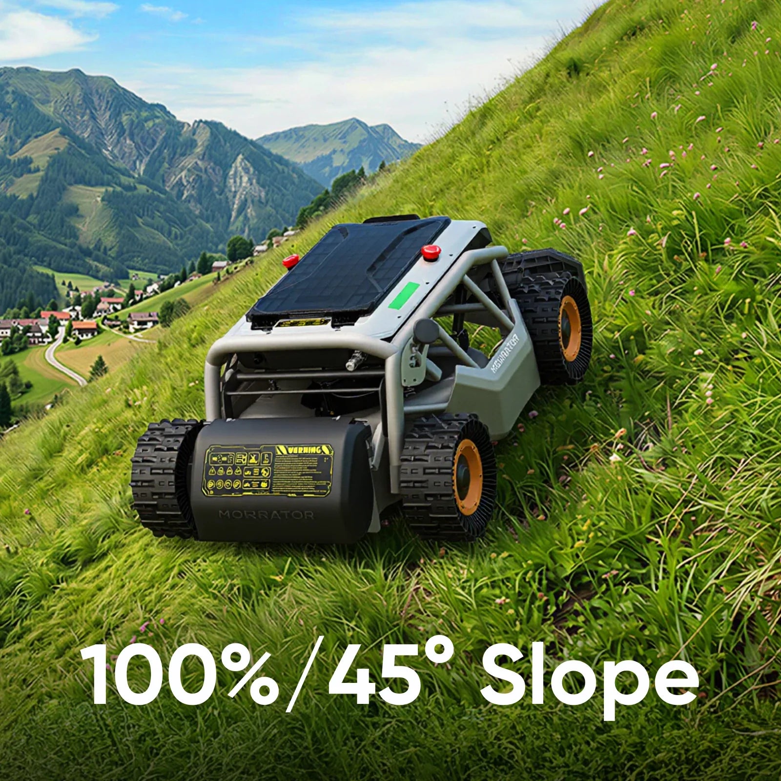MOWRATOR S1 4WD remote control lawn mower with deformable tires, leaf shredding vacuum, designed for 100% slopes.