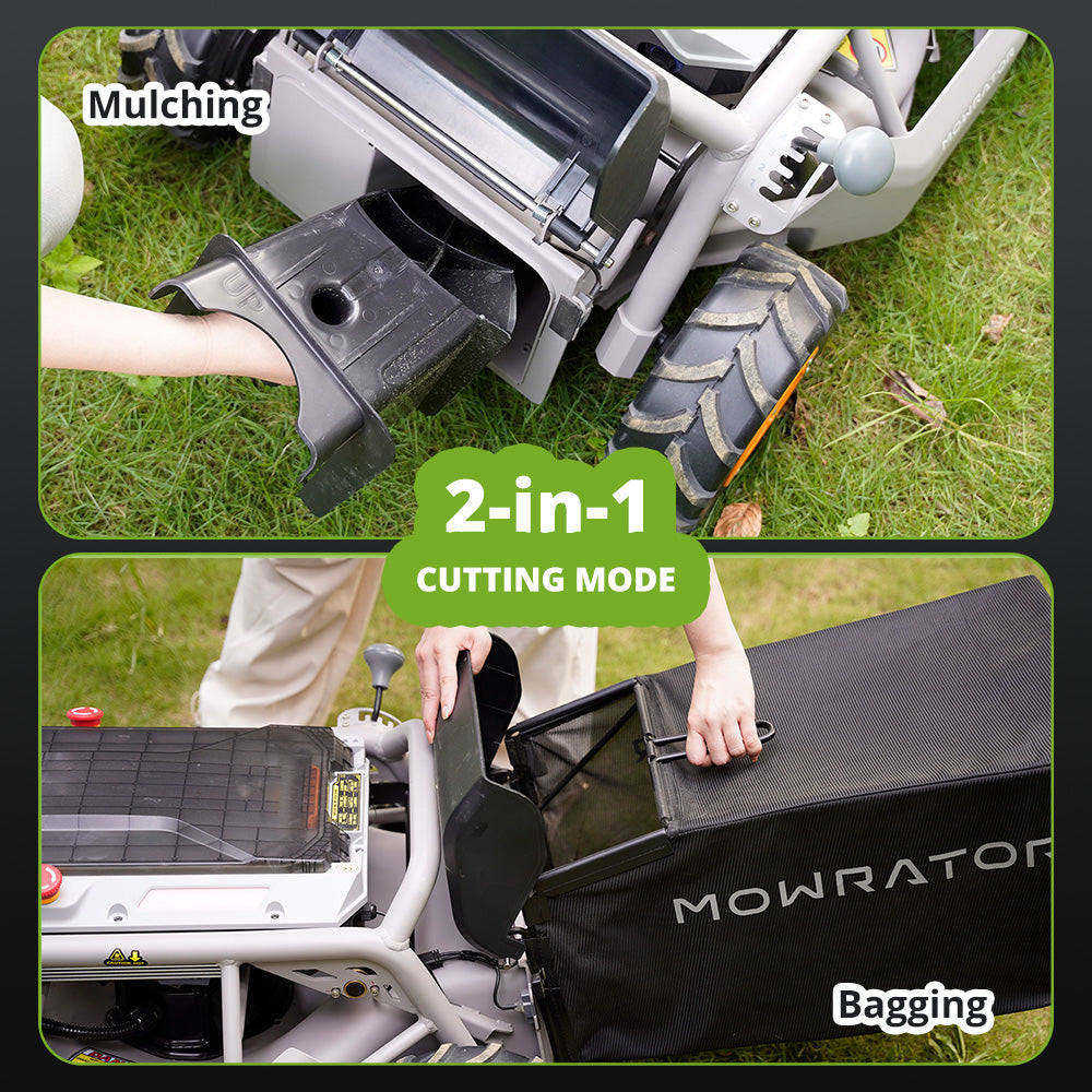 MOWRATOR S1 4WD remote control lawn mower with wide wheels, shredding vacuum, designed for 85% slope terrain.