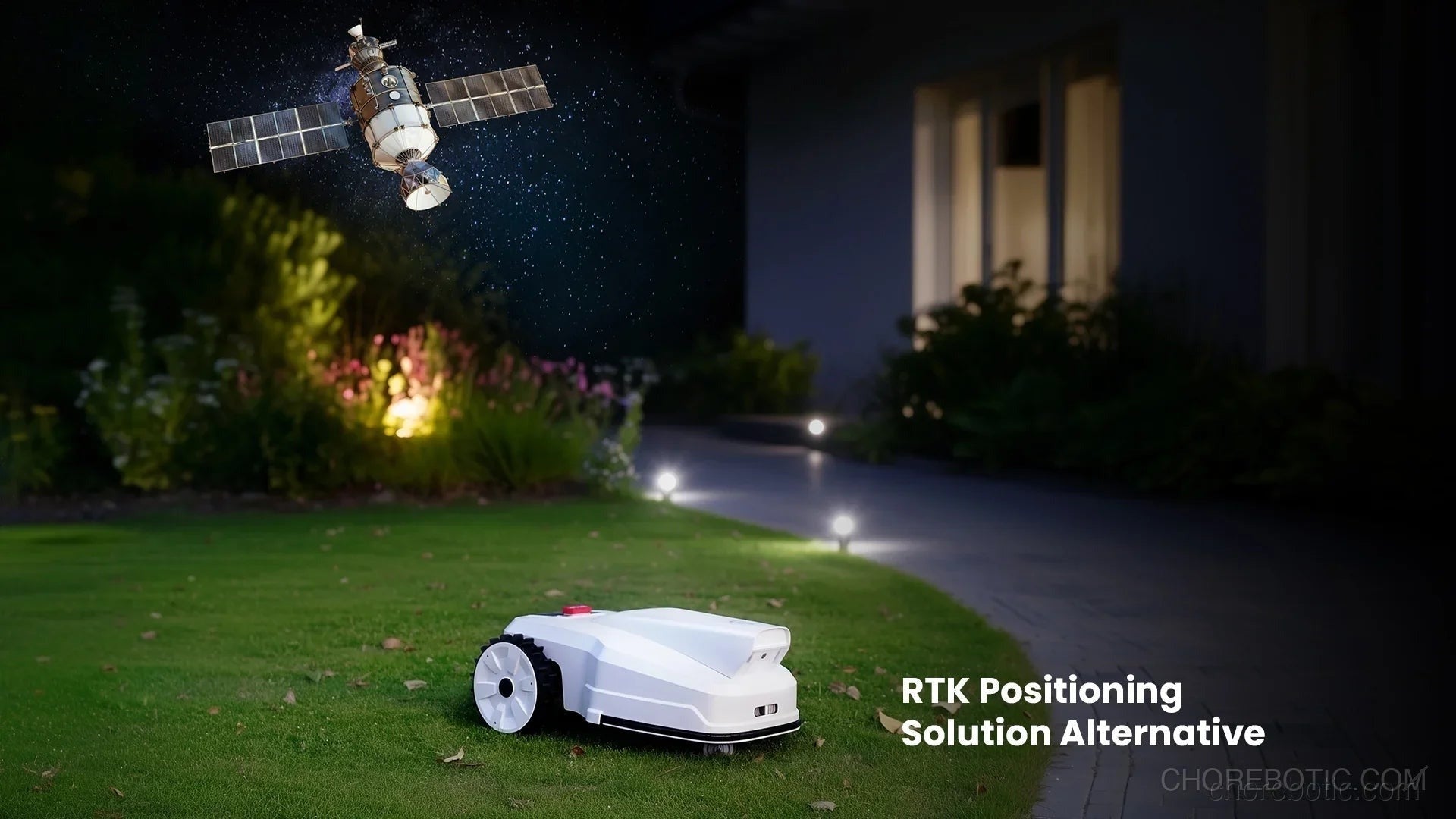 FJD FV2000 robotic lawn mower from FJDynamics cutting grass in a backyard, featuring sleek design and built-in safety sensors.