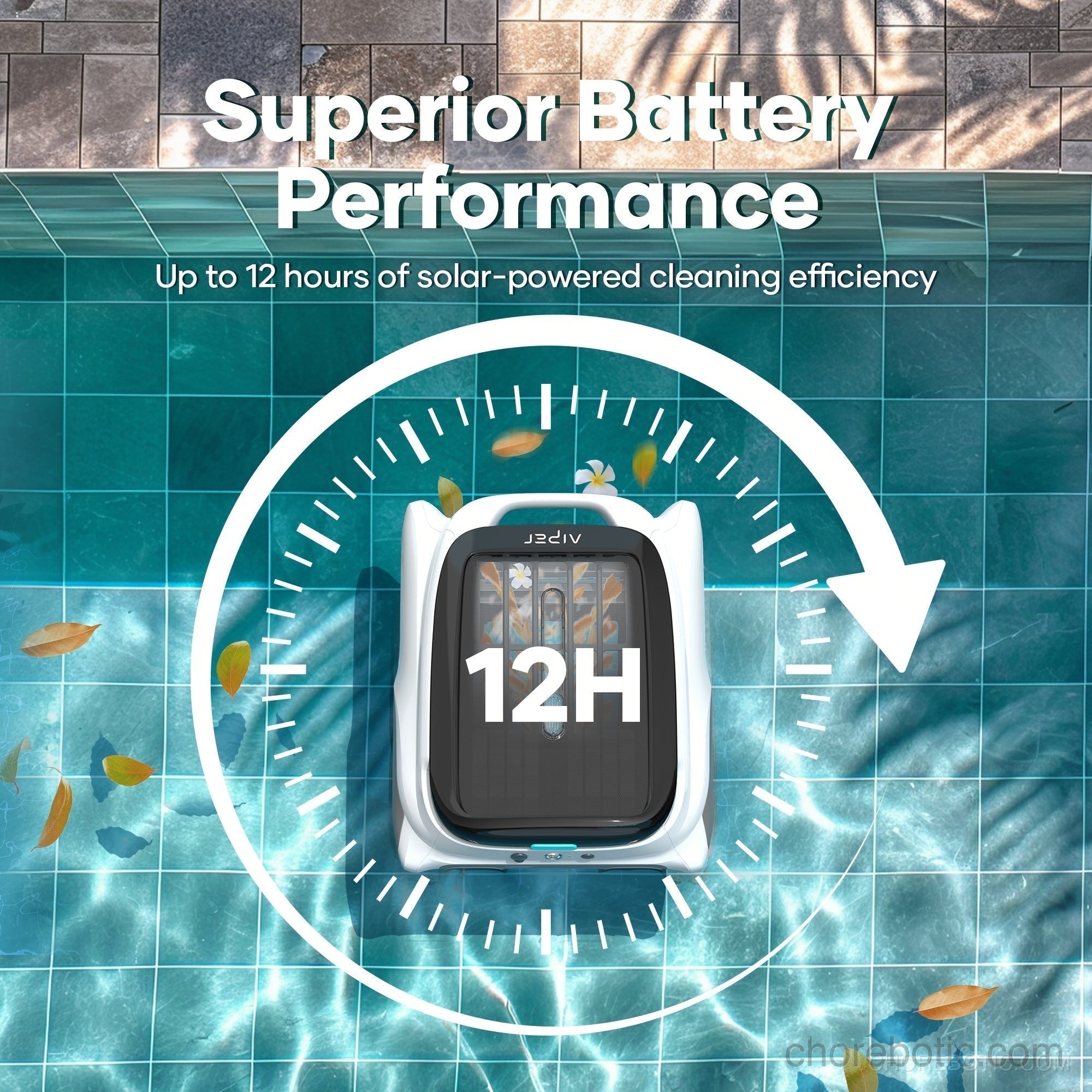Aiper Surfer M1 cordless robotic pool skimmer cleaning a swimming pool with its sleek design and compact shape.