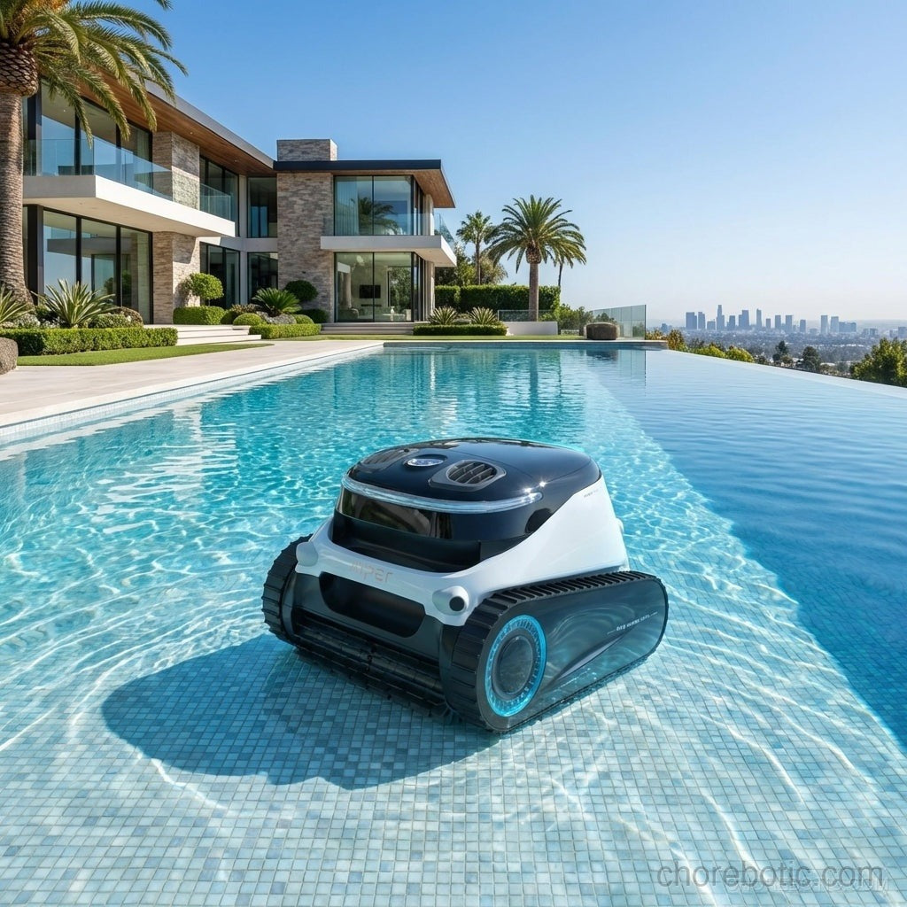 Aiper Scuba N1 Ultra cordless robotic pool cleaner on pool floor, showcasing its compact design and cleaning brushes.