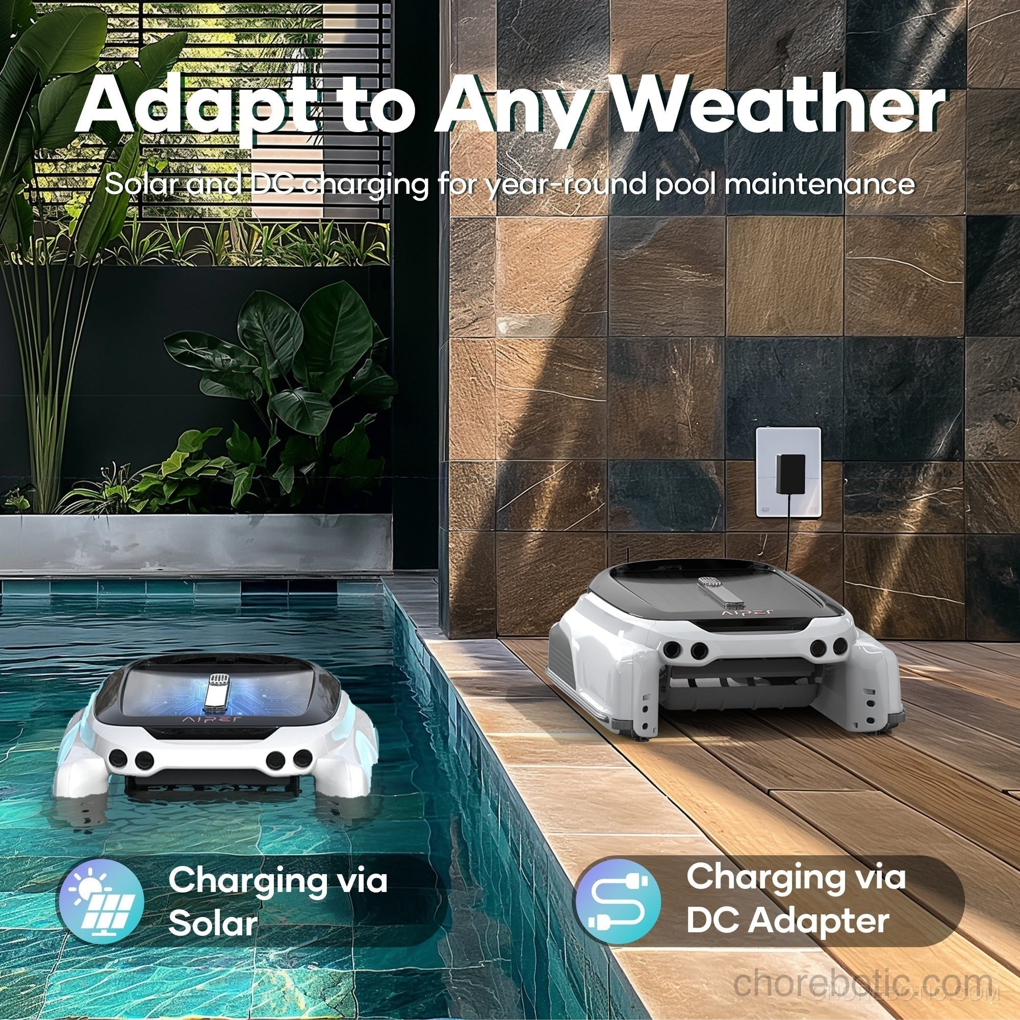 Aiper Surfer M1 cordless robotic pool skimmer cleaning pool debris with compact design and modern features.