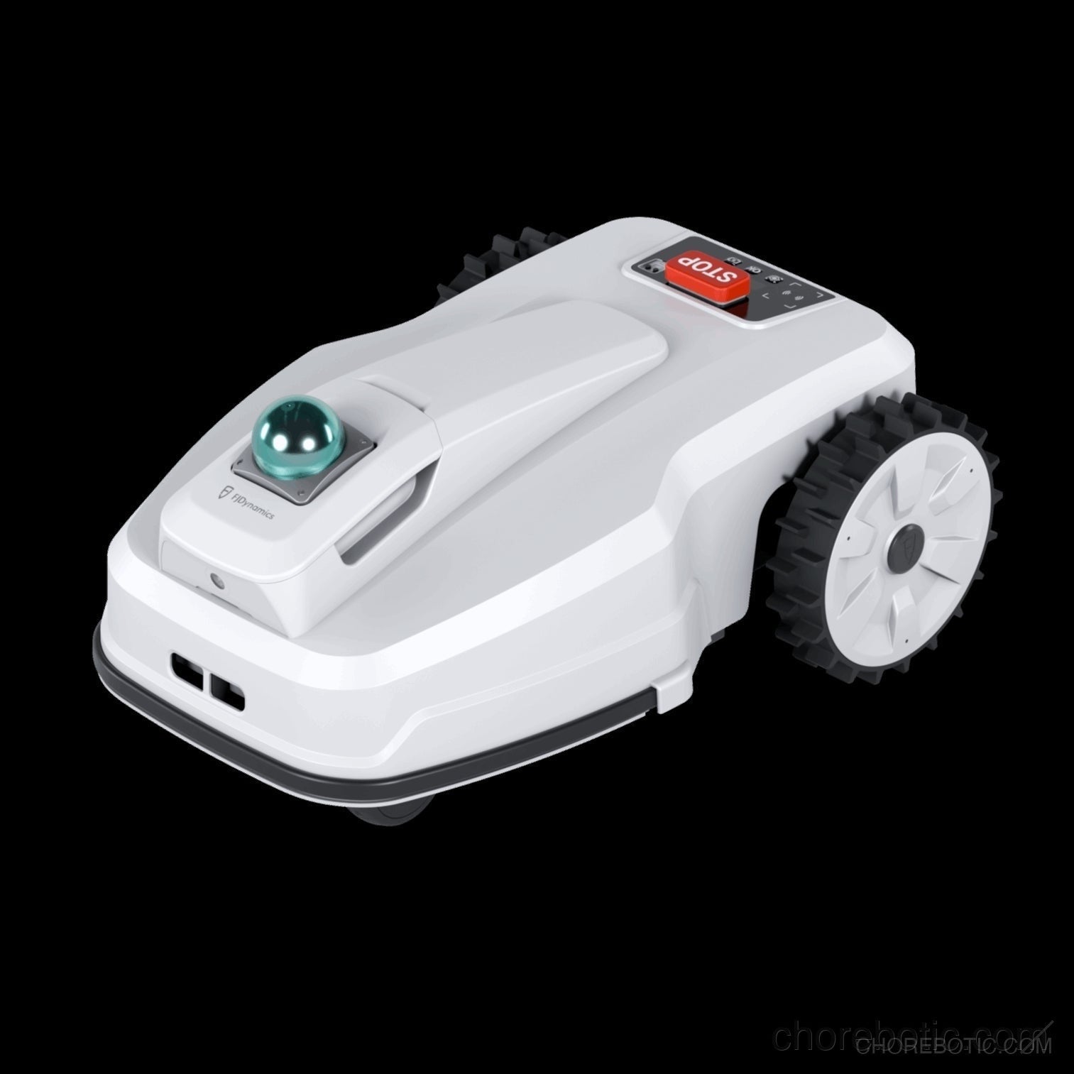 FJDynamics FL3000 No Wire LiDAR Robotic Lawn Mower on green grass, showing its compact design and sensor technology.
