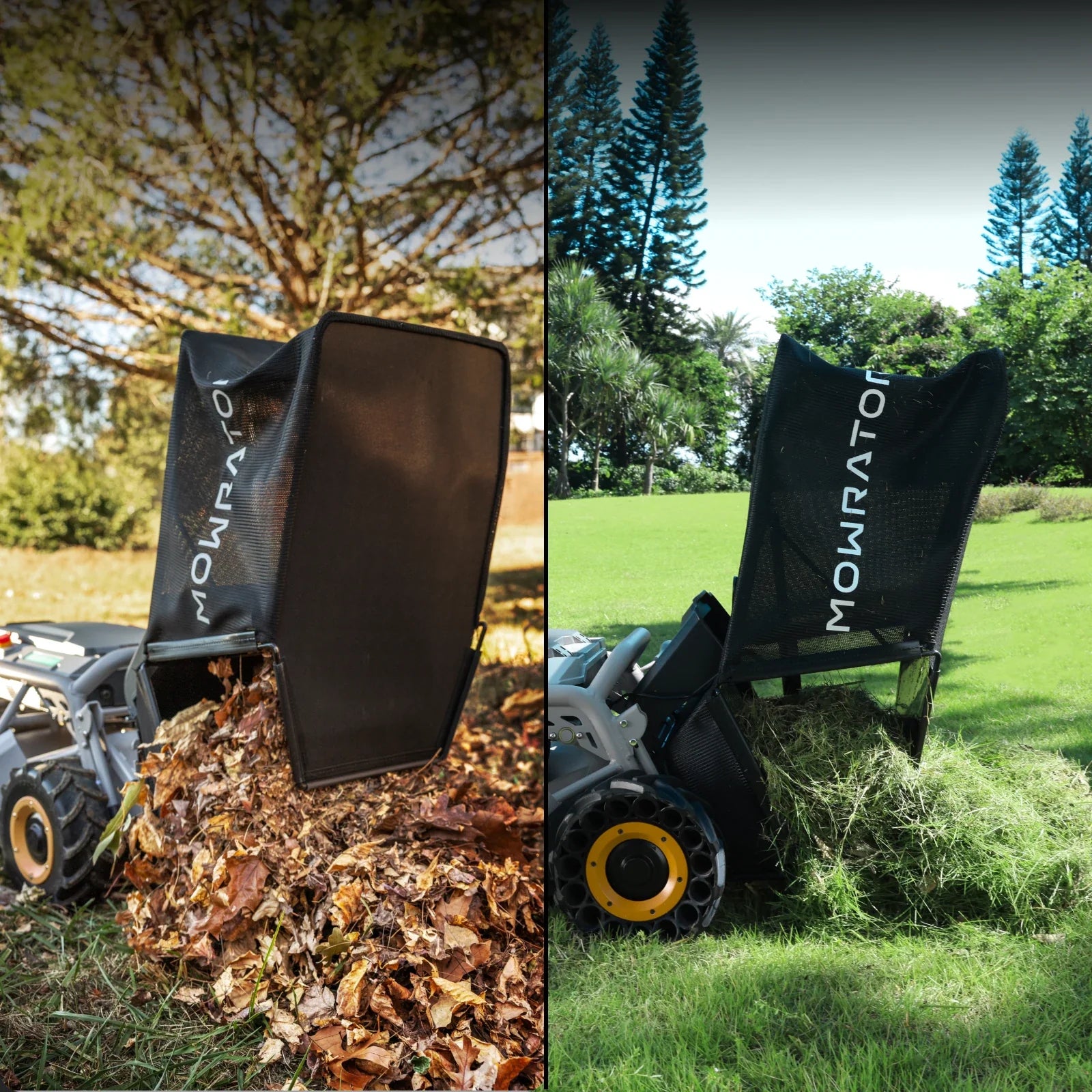 MOWRATOR 2-in-1 accessory set with auto dumping and leaf collection features for yard cleanup, shown with tools and components.