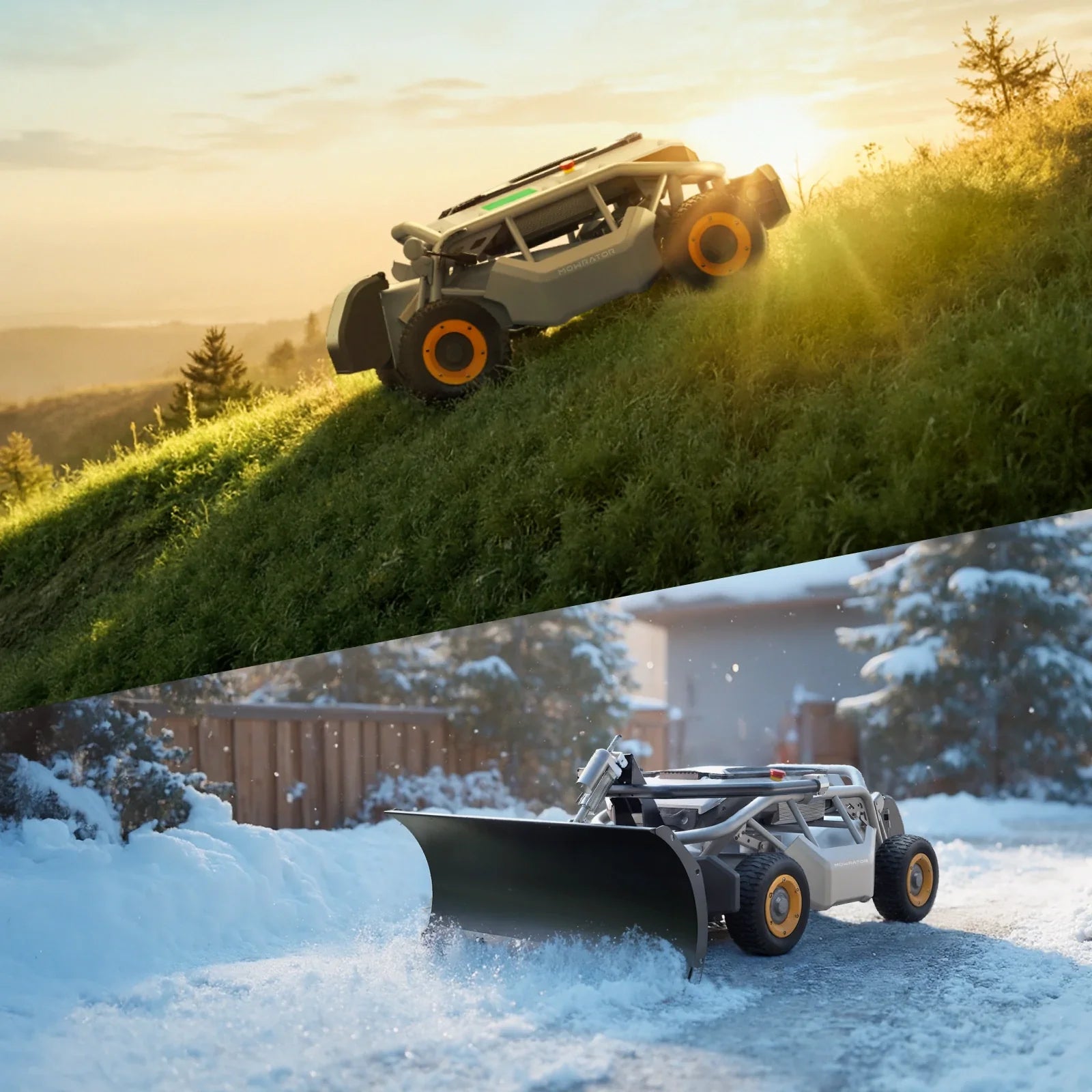 MOWRATOR Mow, Vac, and Plow Bundle with S1 4WD 18Ah battery on a slope mower, showing the mower with attachments and control panel.