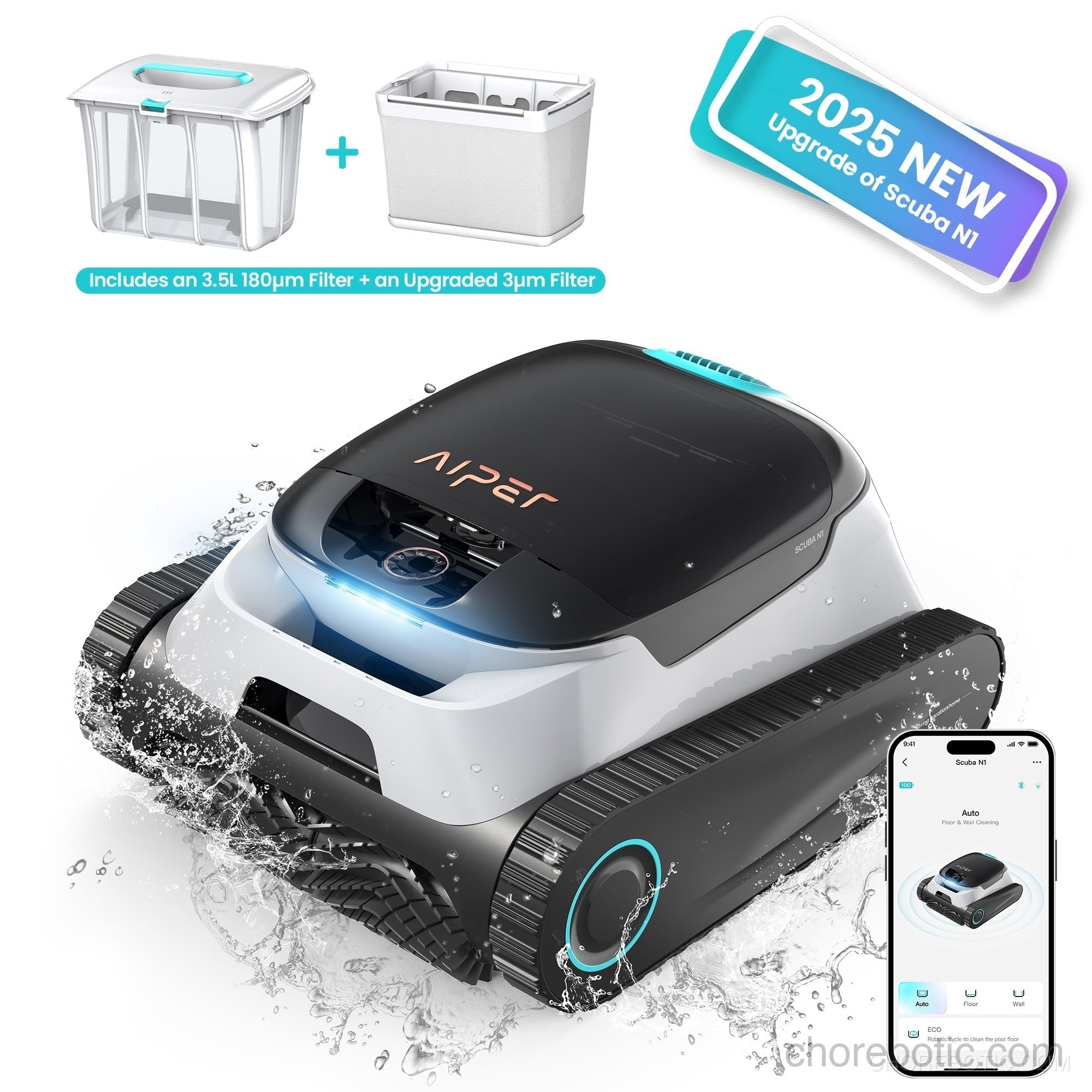 Aiper Scuba N1 Plus cordless robotic pool cleaner navigating a clean pool surface, ready to remove debris efficiently.