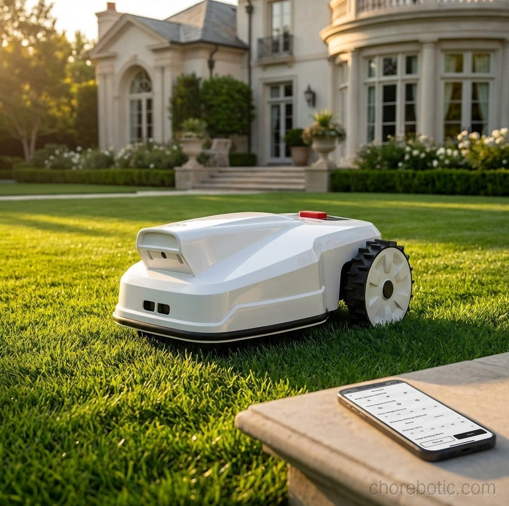 FJD FV2000 robotic lawn mower from FJDynamics cutting grass in a lush yard, showcasing its sleek design and advanced technology.