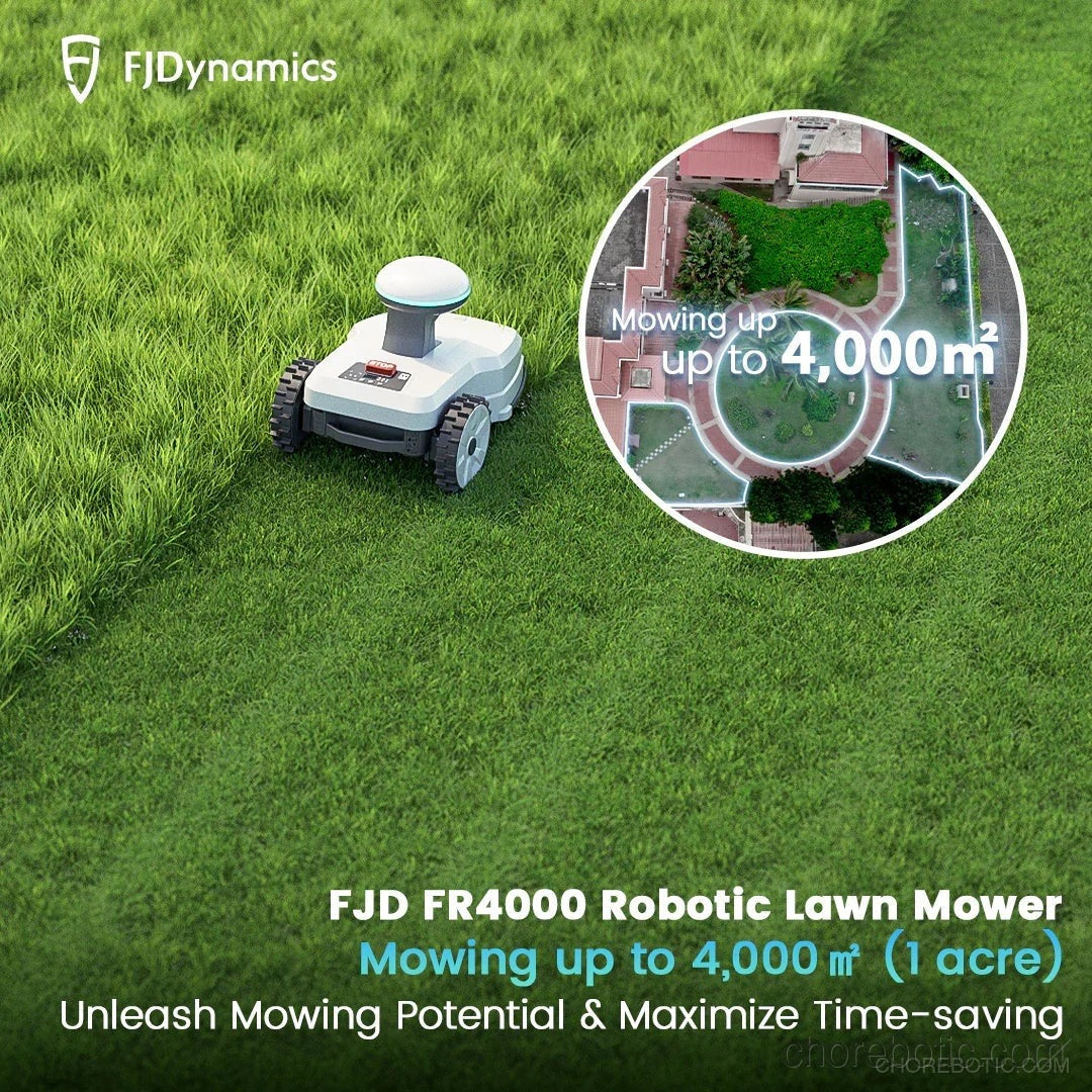 FJD FR4000 robotic lawn mower from FJDynamics cutting grass in a backyard, showcasing its compact design and safety features.