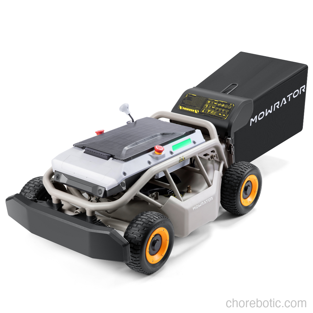 MOWRATOR S1 4WD remote control lawn mower on a slope, featuring leaf shredding vacuum and rugged design for uneven terrain.
