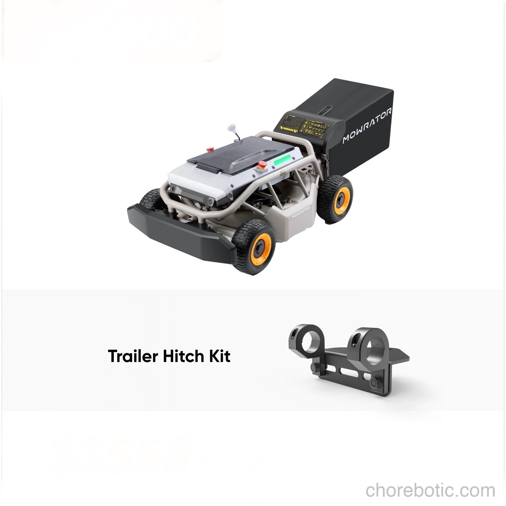 MOWRATOR Mow&Tow Bundle with S1 4WD lawn mower, 18AH battery, and trailer hitch kit, showing the mower and hitch components.