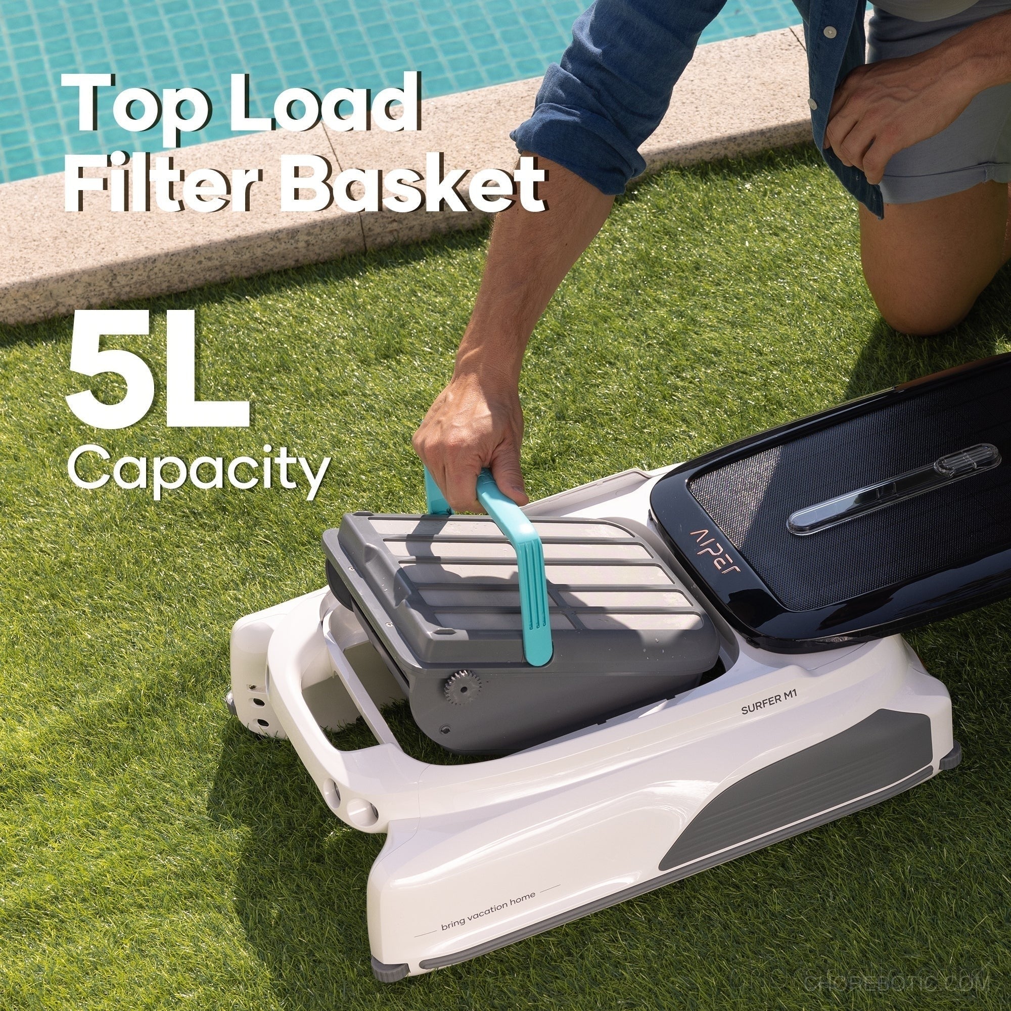Aiper Surfer M1 cordless robotic pool cleaner skimming the surface of a swimming pool.