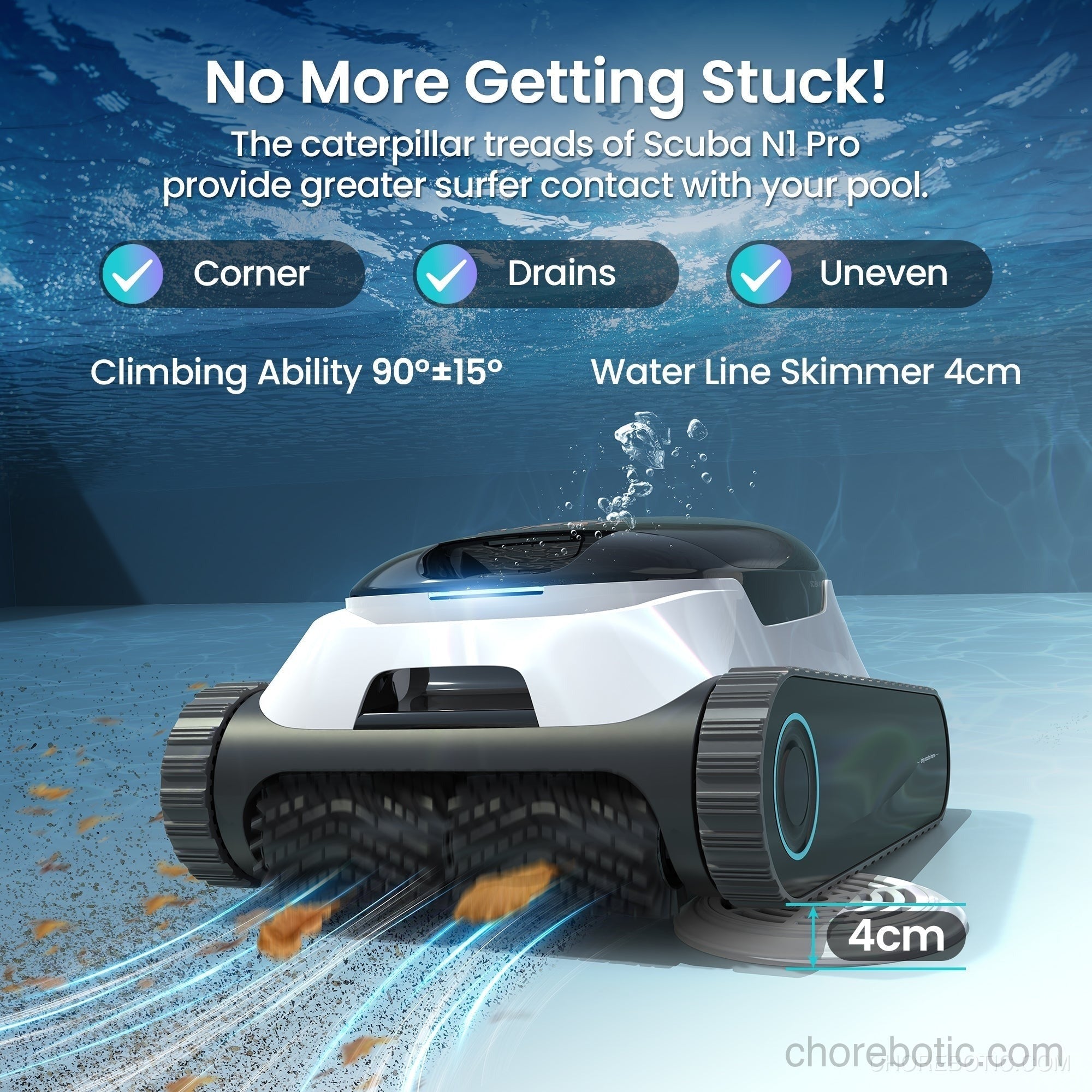 Aiper Scuba N1 Plus cordless robotic pool cleaner showing its compact design and cleaning brushes for pool surface.