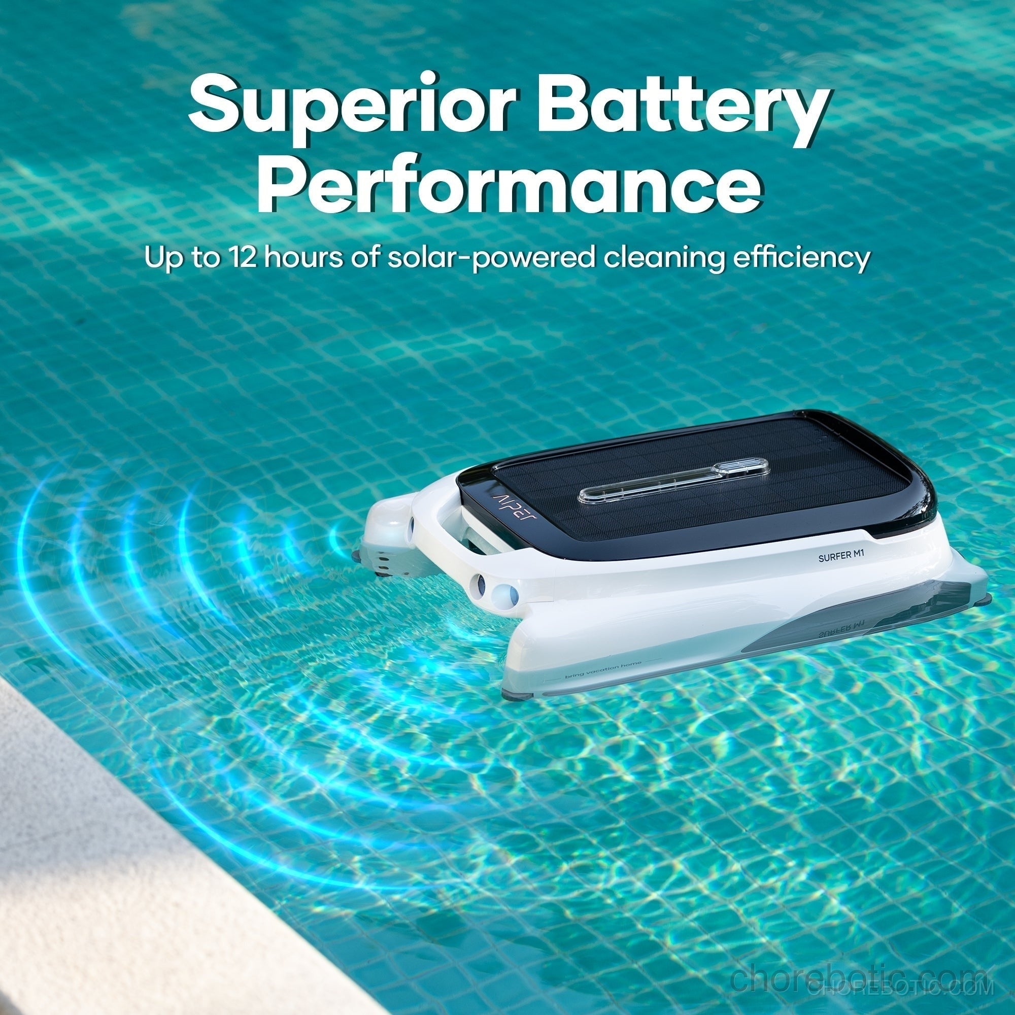 Aiper Surfer M1 cordless robotic pool cleaner skimming debris from a swimming pool's surface and floor.