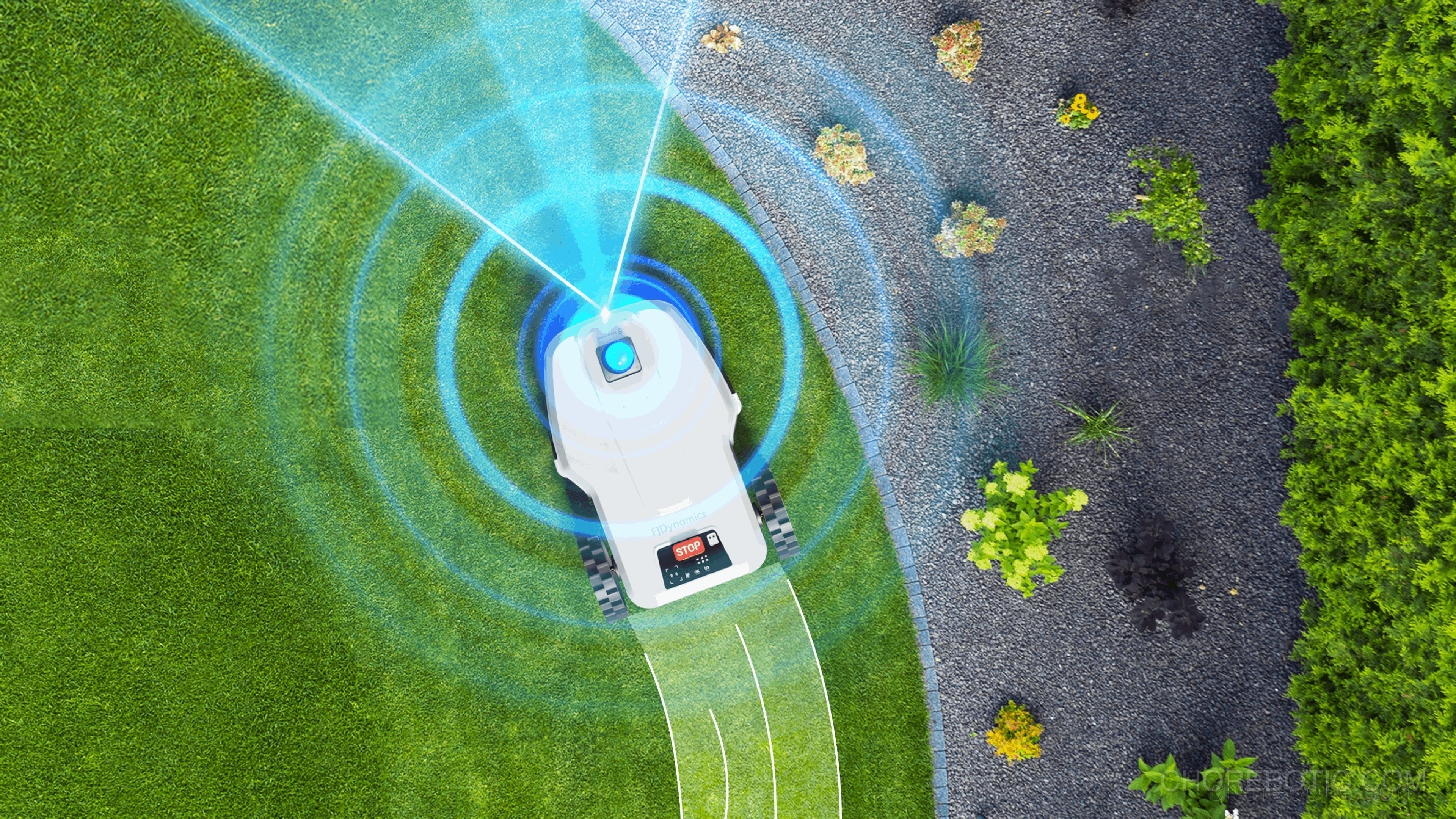 FJDynamics FL3000 No Wire LiDAR robotic lawn mower mowing a lush green lawn with a sleek design.