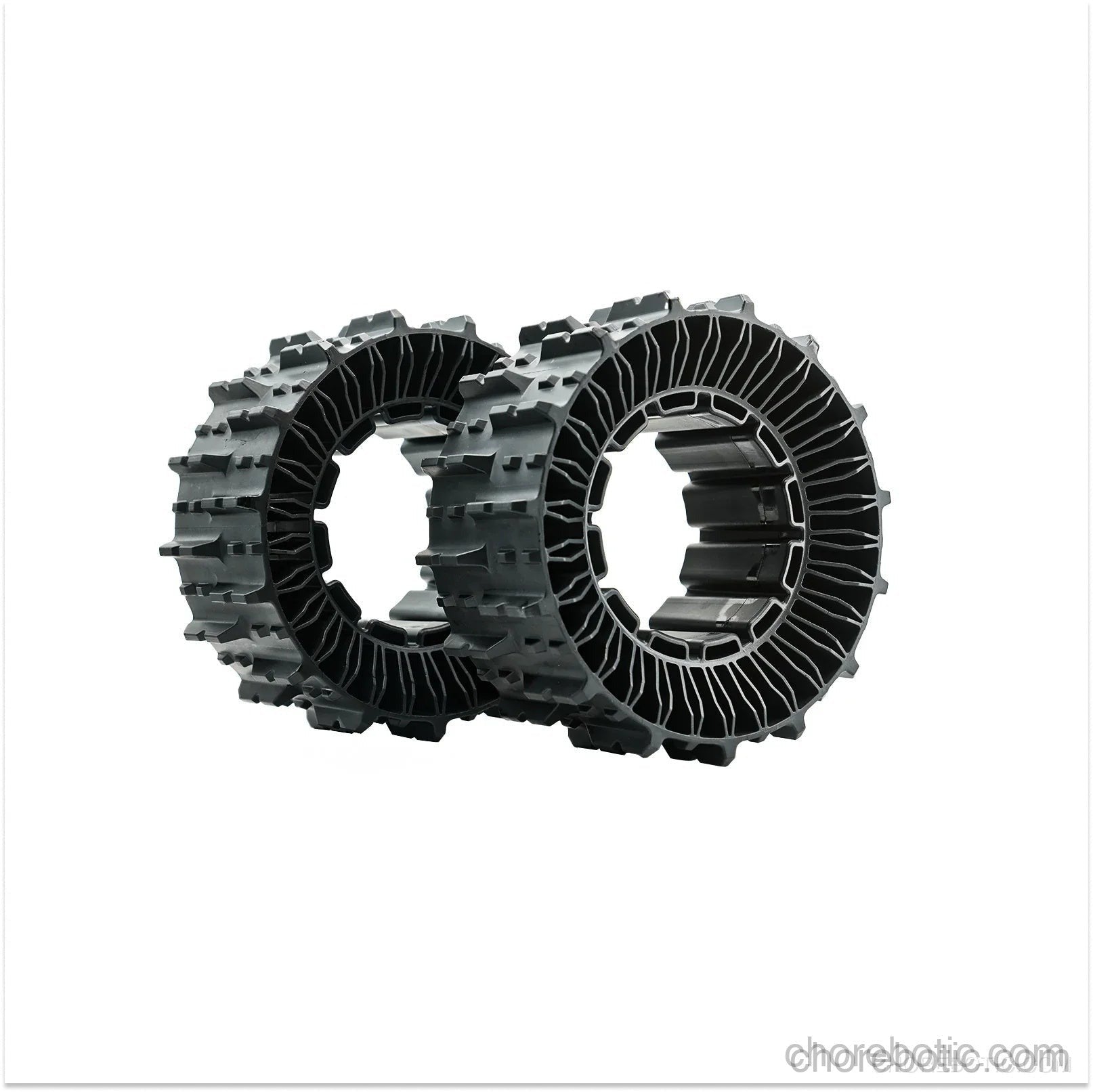 MOWRATOR deformable tires accessory designed for 100% (45°) slope, showing flexible rubber tires for off-road or steep terrain.