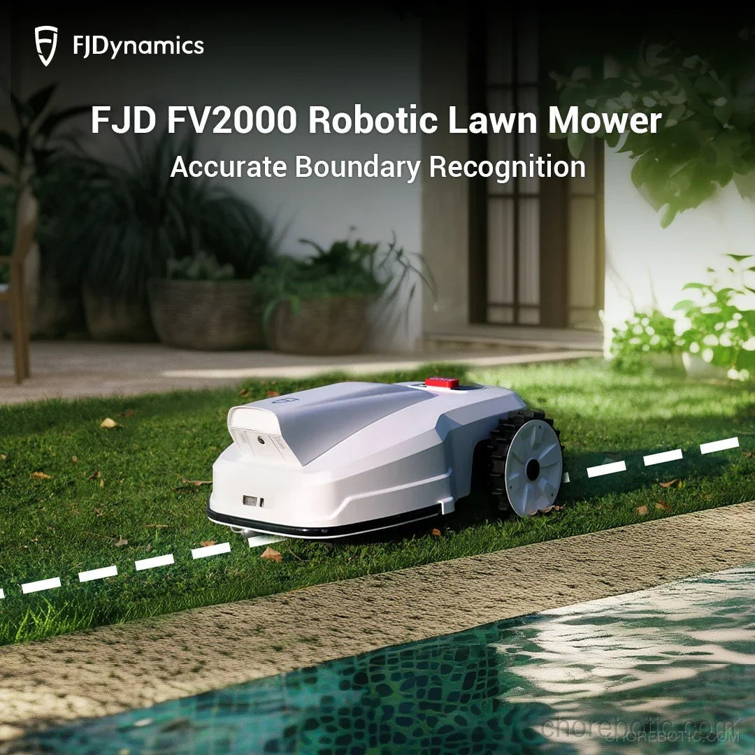 FJD FV2000 robotic lawn mower from FJDynamics cutting grass in a backyard yard.