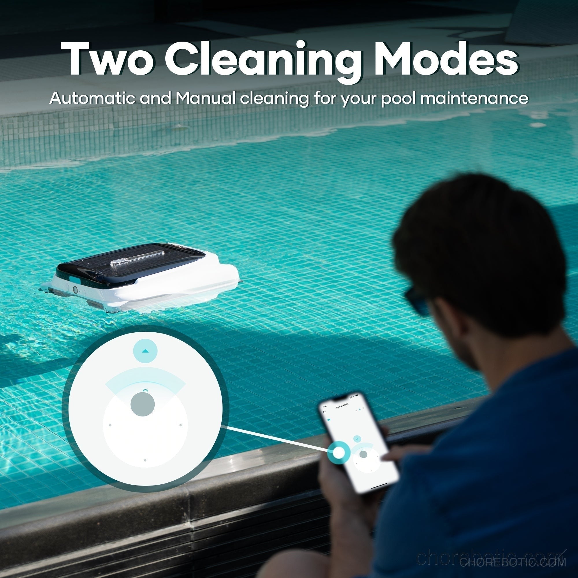 Aiper Surfer M1 cordless robotic pool cleaner skimming debris from a modern swimming pool surface.
