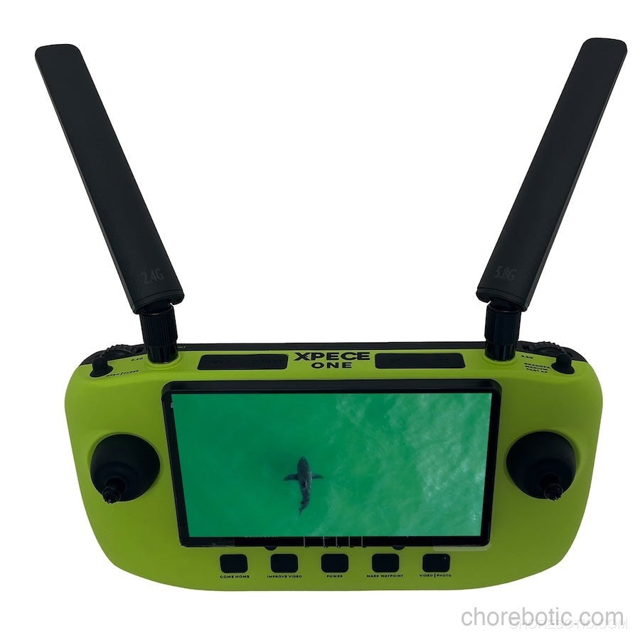 Xpece ONE fishing drone flying over water with a camera, designed for capturing aerial footage during fishing trips.