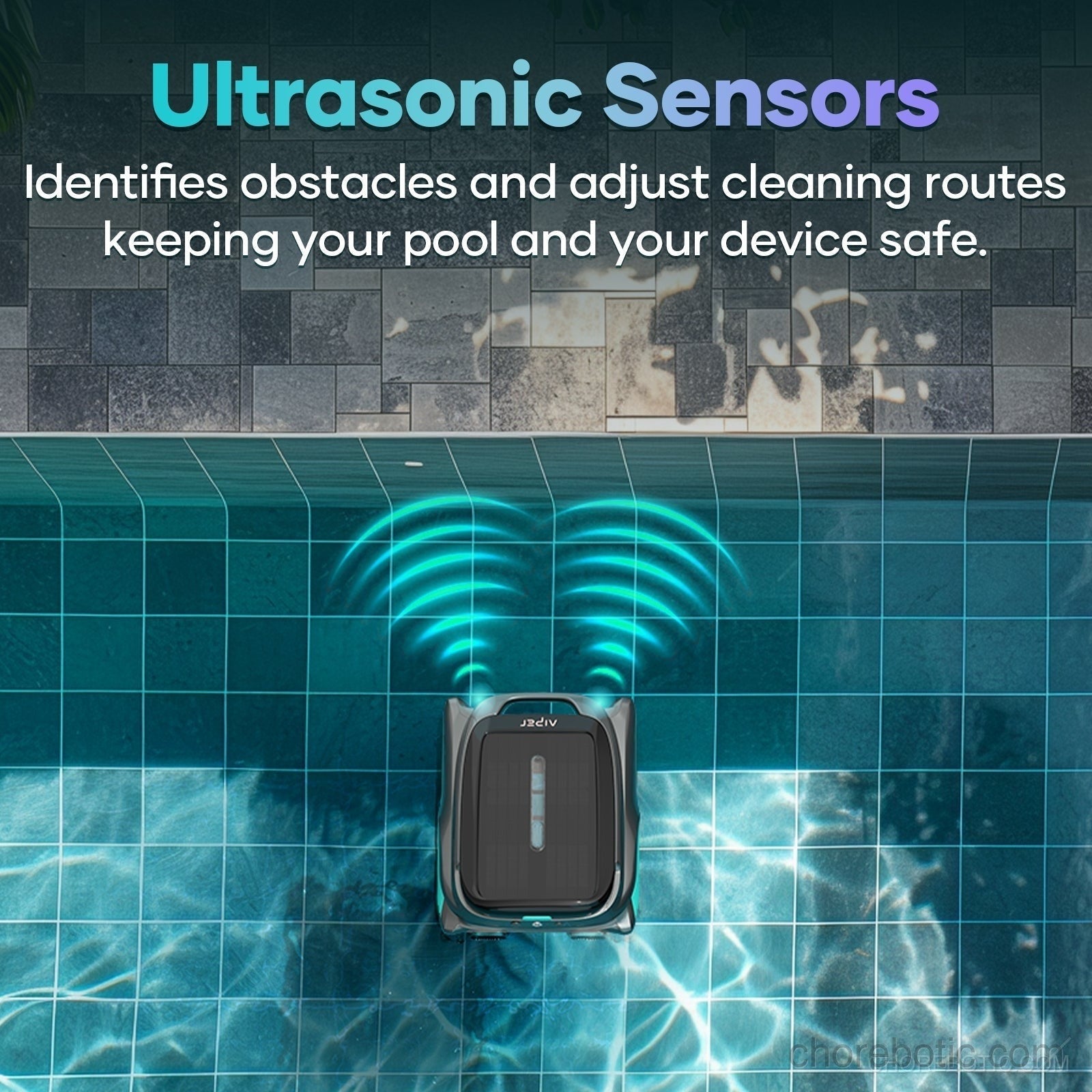 Aiper Surfer S1 cordless robotic pool cleaner skimming debris from a swimming pool surface.
