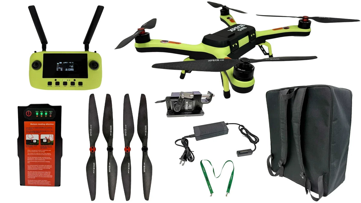 Xpece ONE fishing drone kit with remote controller and accessories laid out for setup