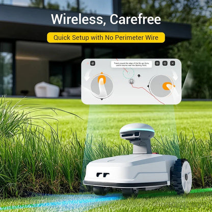 FJD FR4000 robotic lawn mower by FJDynamics cutting grass in a lush green yard with its sleek design and grass collection area.