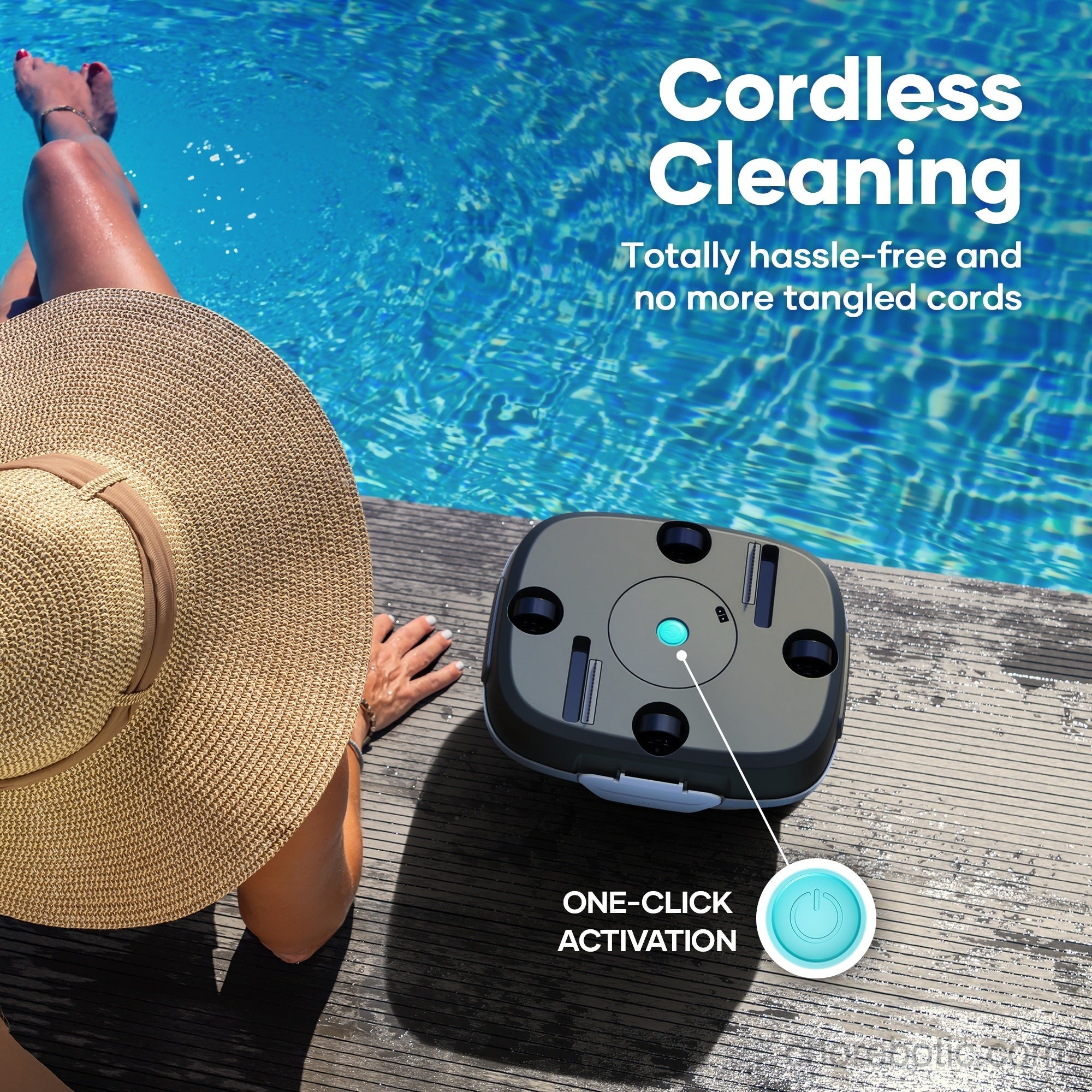 Aiper Scuba 800 wireless pool cleaner floating in a clean swimming pool, ready to remove debris and keep the pool spotless.