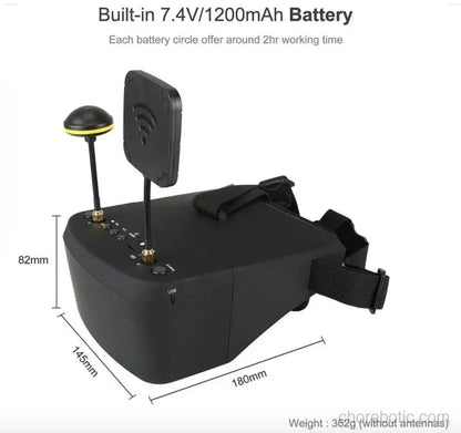 Xpece 5.8GHz video goggles accessory for drones, showing the black goggles with adjustable strap and screen display.