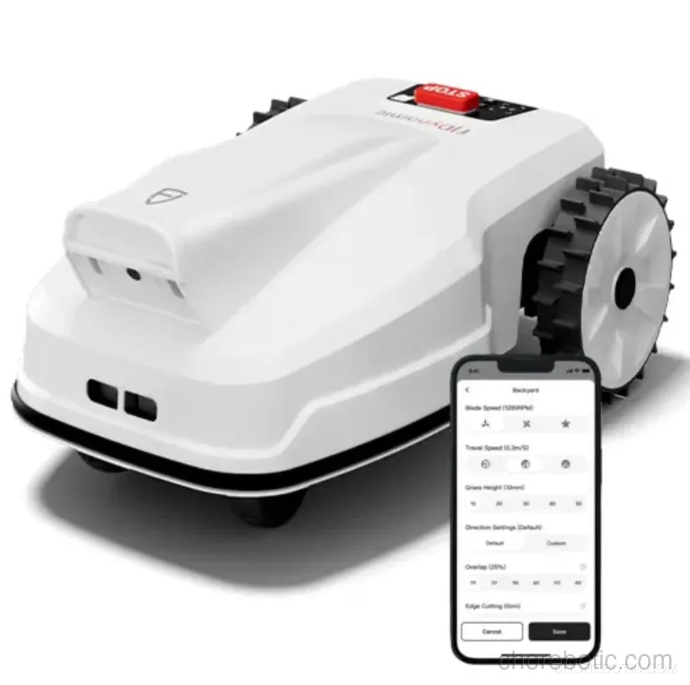 FJD FV2000 robotic lawn mower from FJDynamics trimming a lush green lawn outdoors.
