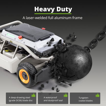 MOWRATOR S1 4WD remote control lawn mower with deformable tires, leaf shredding vacuum on a grassy slope.
