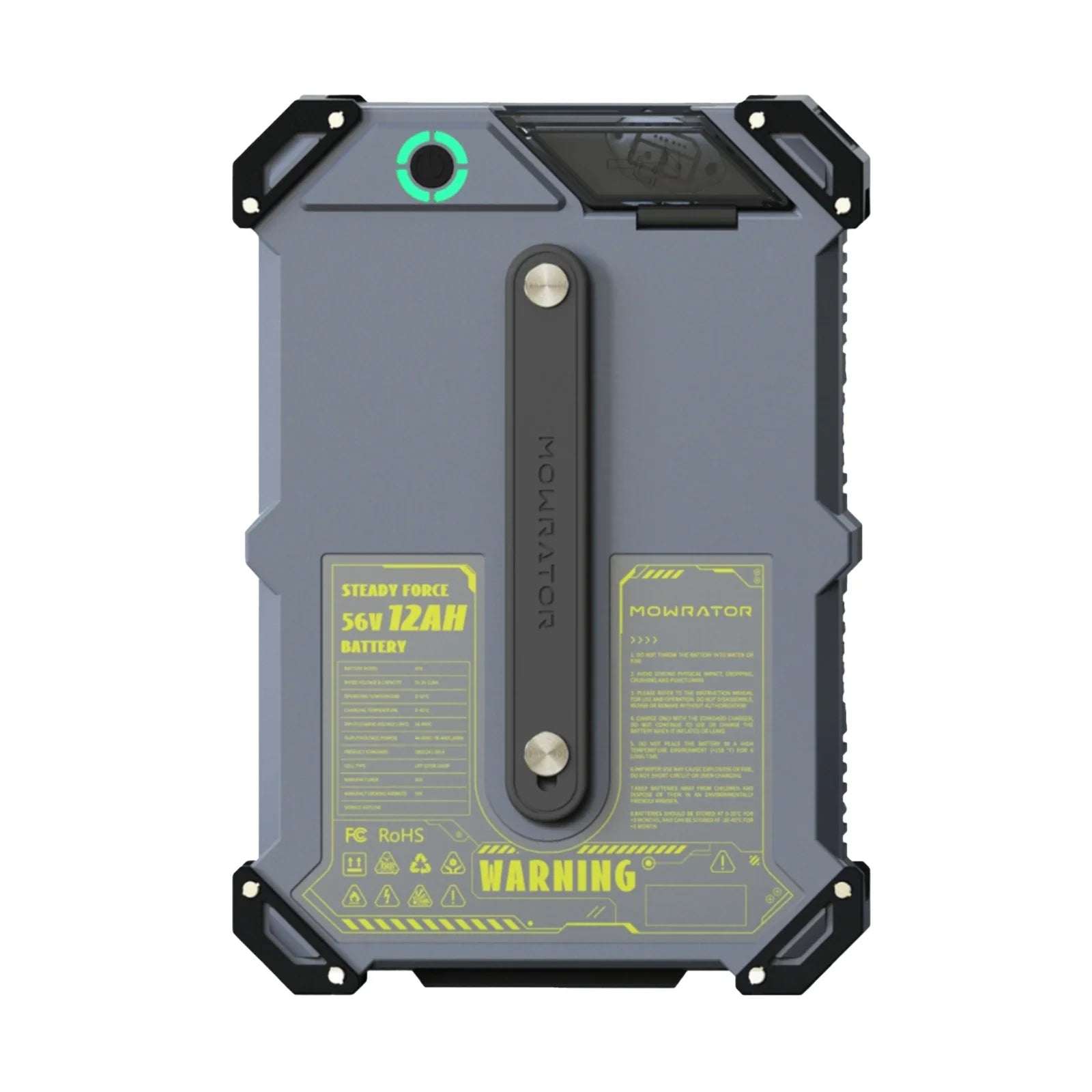 MOWRATOR 12Ah 56V LiFePO4 battery for electric mower, showing compact design and label with capacity and voltage details.