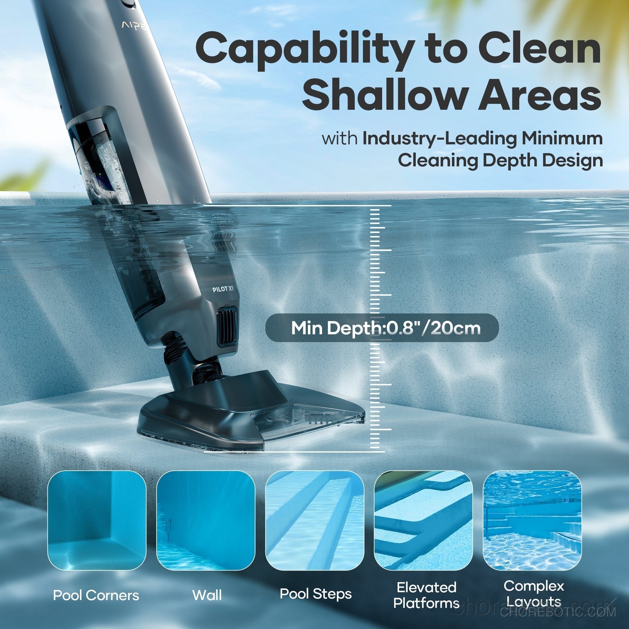 Aiper Pilot X1 cordless pool cleaner with sleek design, showcasing its compact body and cleaning brushes for pool maintenance.