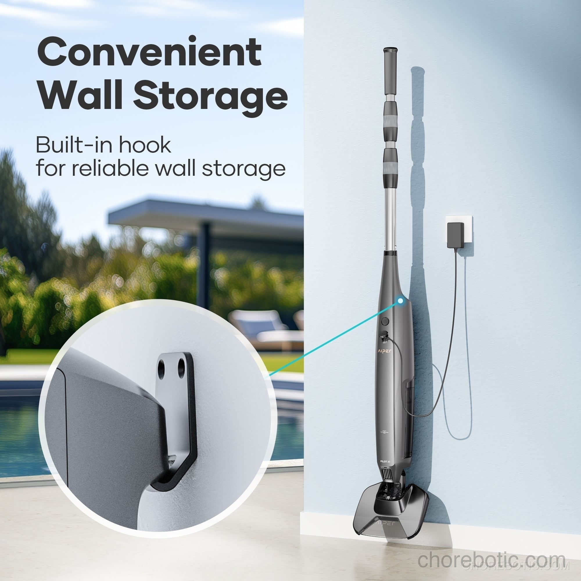 Aiper Pilot X1 cordless pool vacuum cleaner with sleek design and adjustable handle, cleaning a swimming pool efficiently.