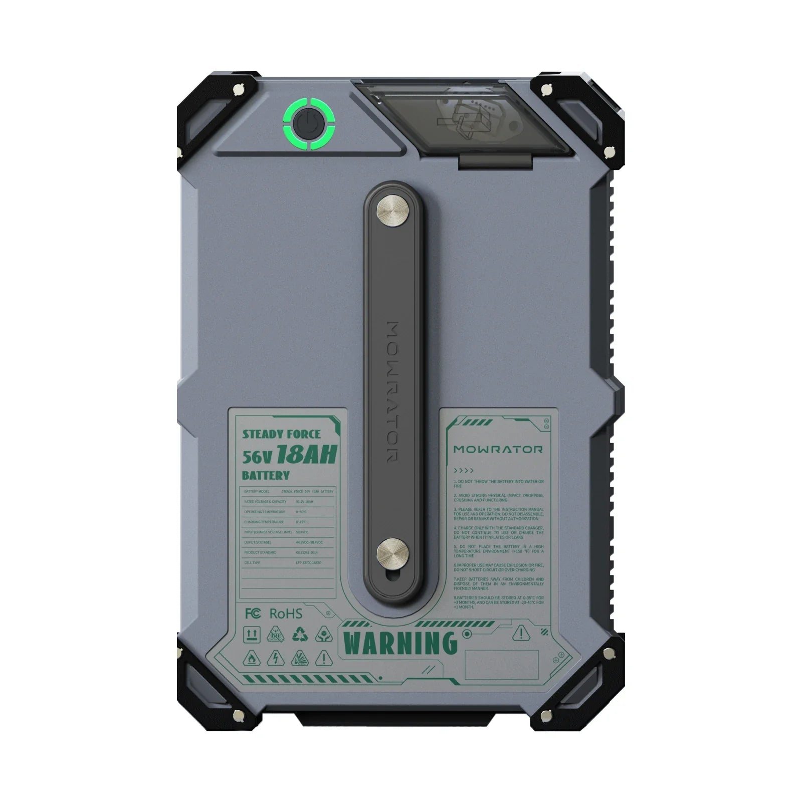 MOWRATOR 18Ah 56V LiFePO4 battery for electric equipment, shown with battery terminals and branding visible.