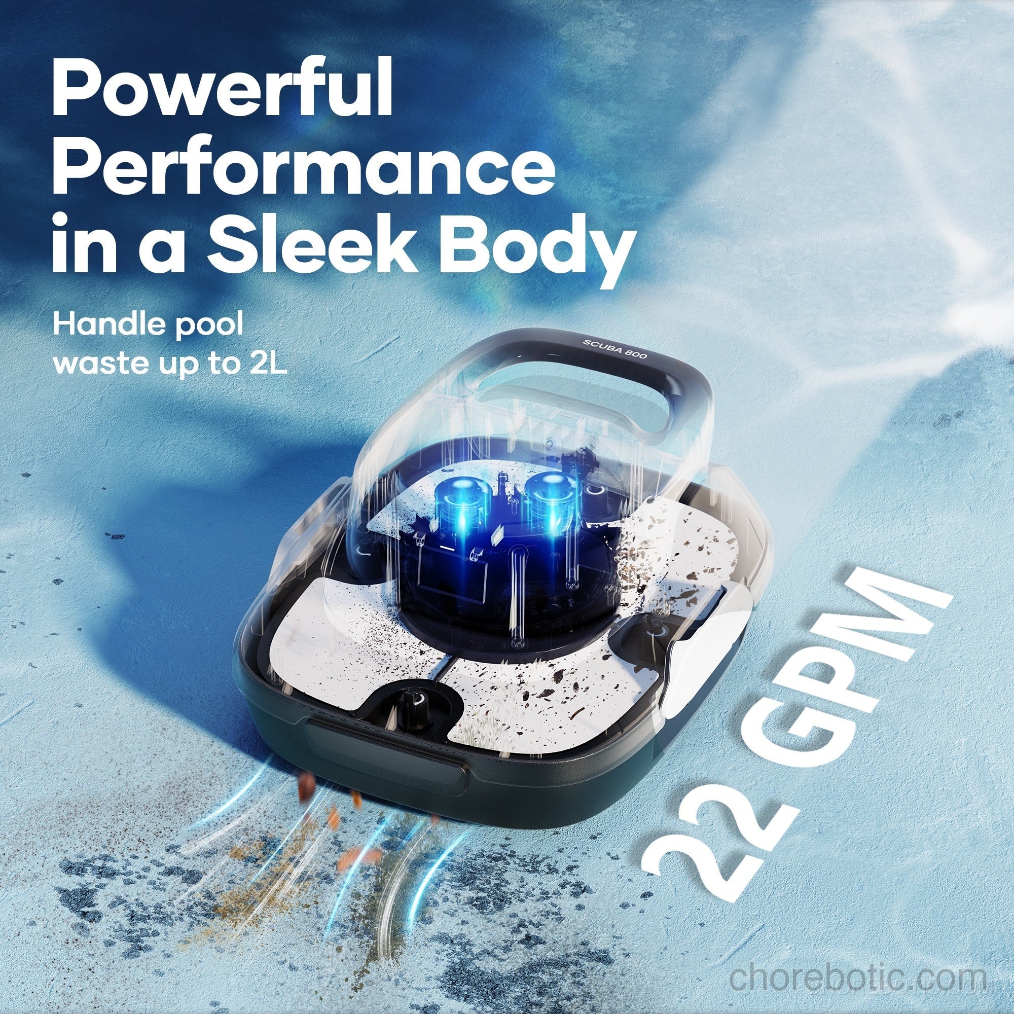 Aiper Scuba 800 wireless pool cleaner navigating a clean swimming pool with its compact design and robotic features.