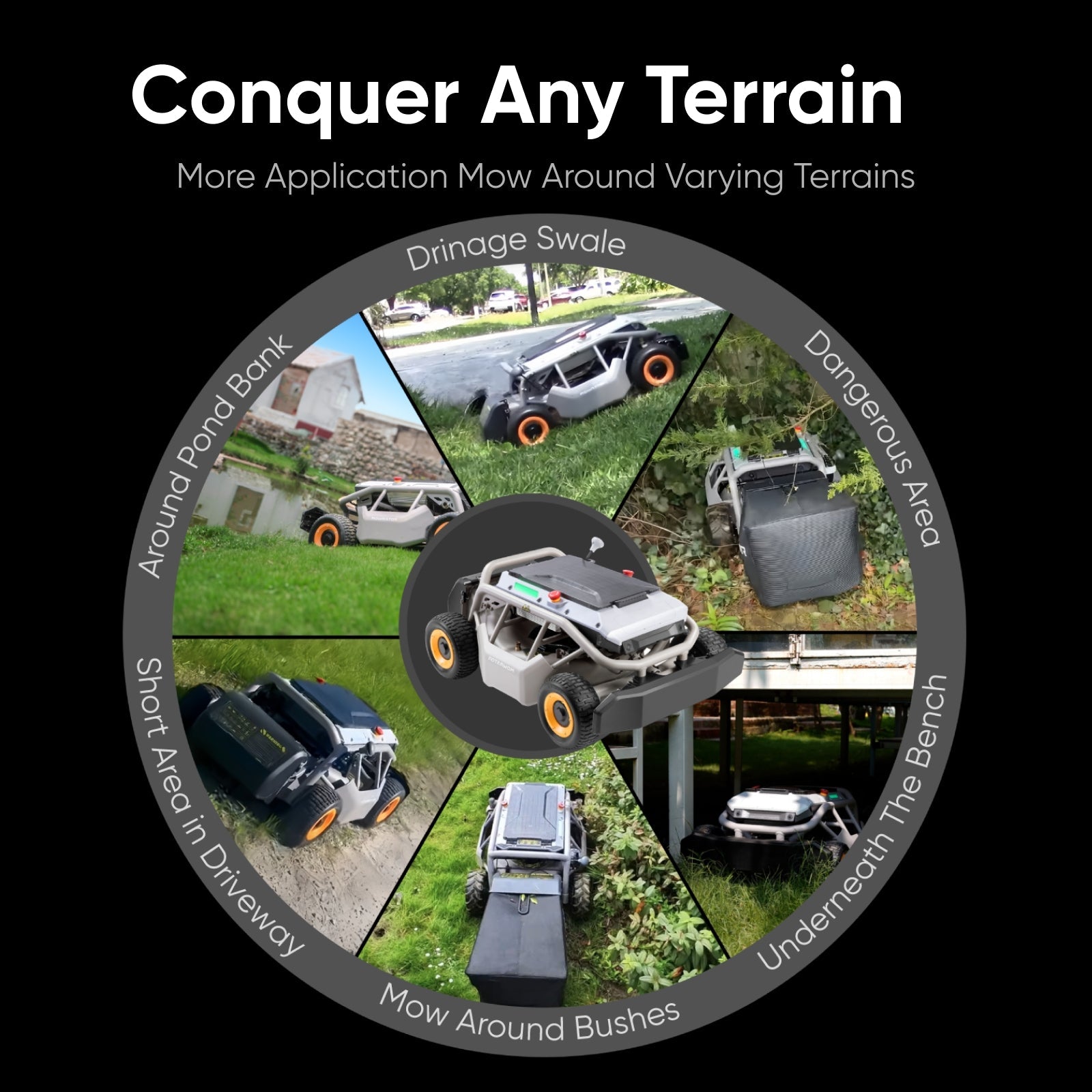 MOWRATOR S1 4WD remote control lawn mower with deformable tires, slope capability, leaf shredding vacuum, for efficient yard work